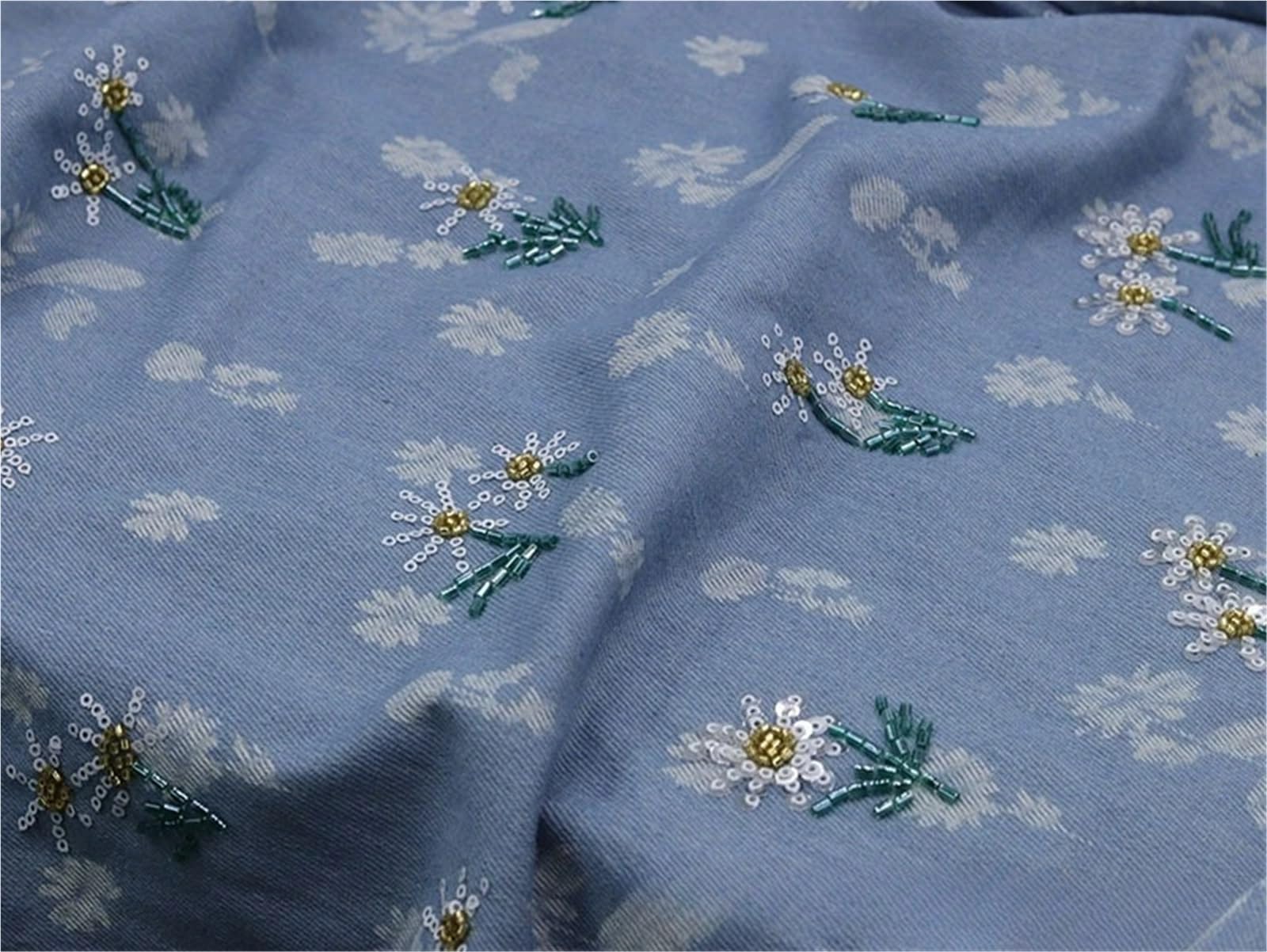 Tela Vaquera De AlgodóN Tela vaquera bordada con cuentas florales for coser chaquetas abrigos bolsos ropa Tela De Costura(Light Blue,90cmX150cm (1yard))