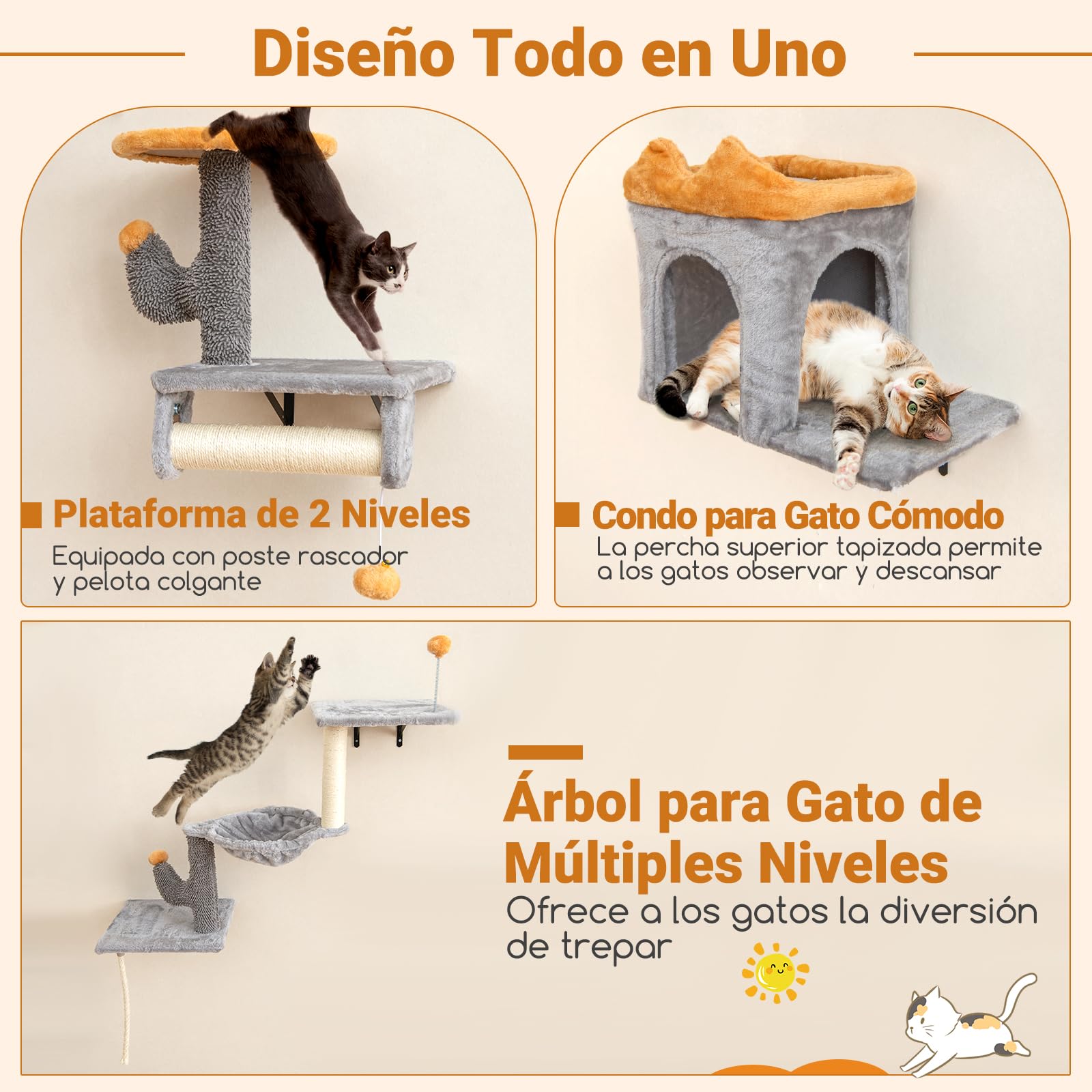 GYMAX Torre de Escalada para Gatos Montada en la Pared, con Plataforma de 2 Niveles, 2 Condos, Árbol para Gatos, Cama Cómoda y Rascador de Sisal, Ideal para Salón o Dormitorio, Estructura Robusta