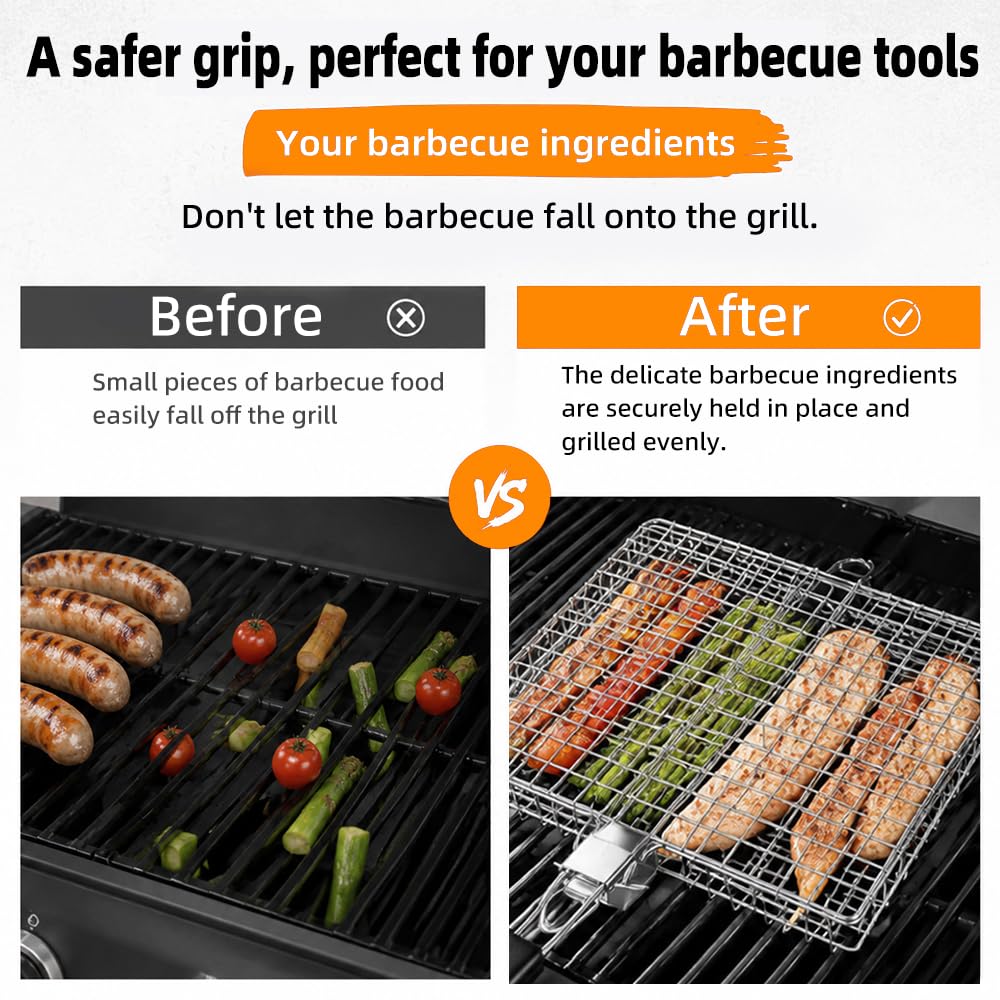 2 cestelli per barbecue, grandi e pieghevoli, in acciaio inox, con manico | Cestino per barbecue per verdure, portatile, con manico rimovibile, di alta qualità, per carne, pesce, verdure, ecc