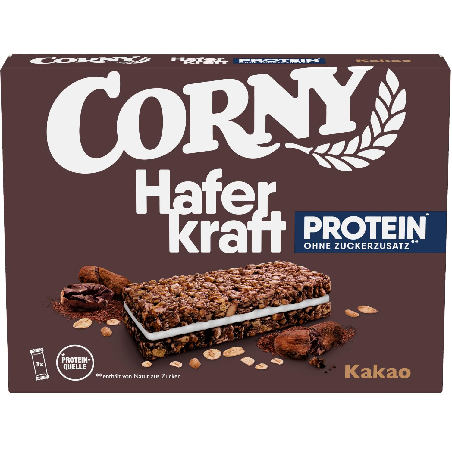 Haferriegel Corny Haferkraft Protein Kakao| 16% Protein | Vollkorn Proteinriegel ohne Zuckerzusatz | Mit feiner Schokolade | Snack für unterwegs | 3 x 40 g