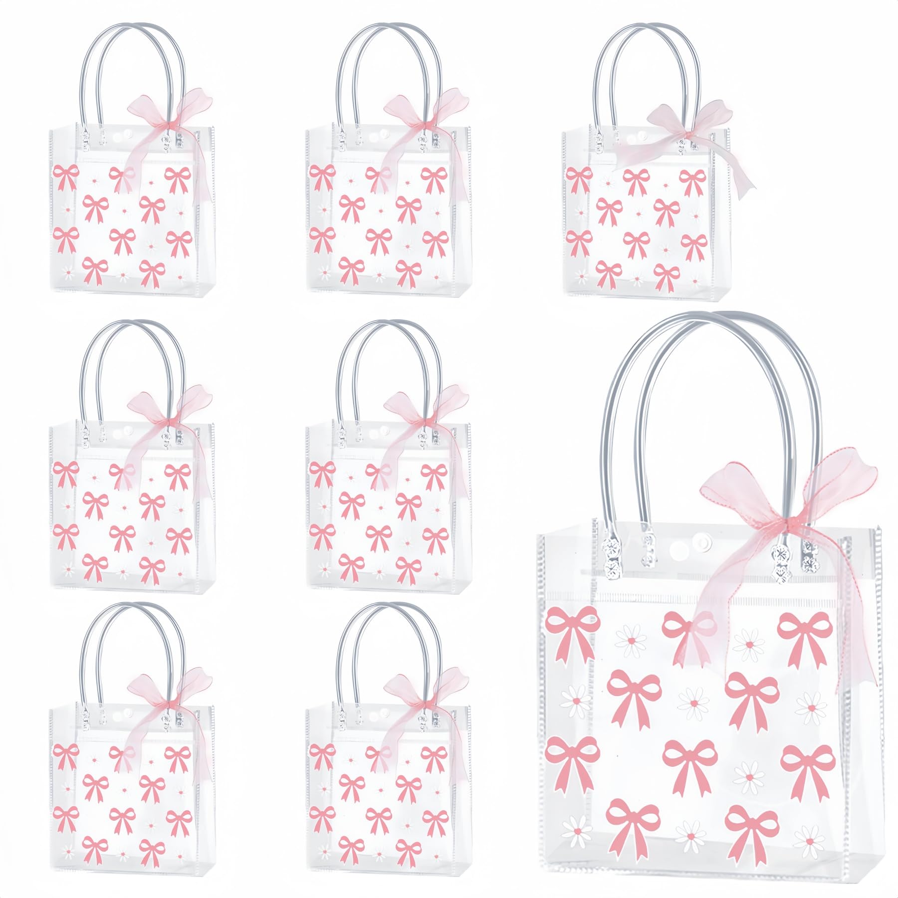 Dmnnlp 8 Pcs Pink Clear Gift Bags with Handle Pink Ribbon Bows, Reusable PVC Bow Bags, Team Bride Gift Bag, for Birthdays Weddings Hen Party Baby Shower Mother's Day Bachelorette