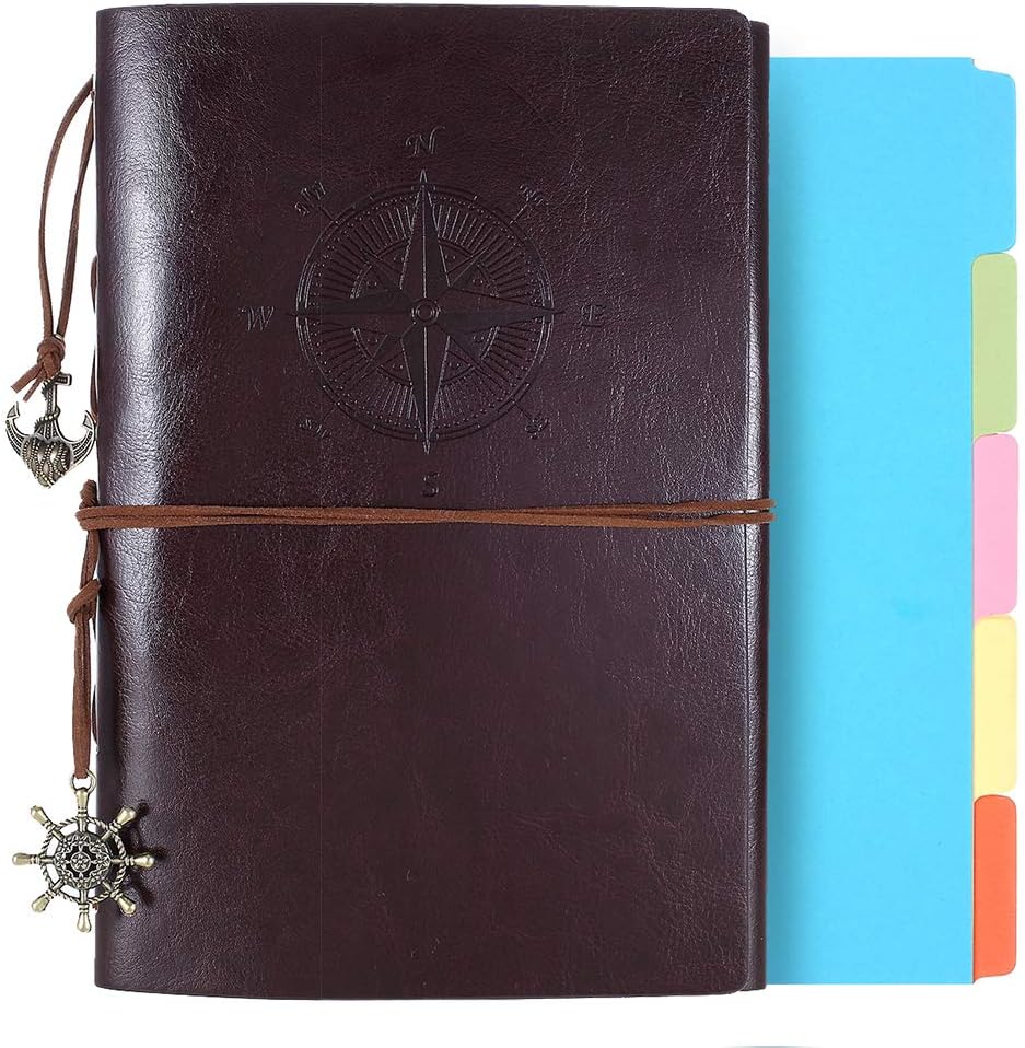 Leather Journal, Refillable Notebook Vintage Spiral Bound Notepad Diary Travel Journal to Write in for Women Men with Lined Pages and 5 Colored Dividers, A5, Coffee