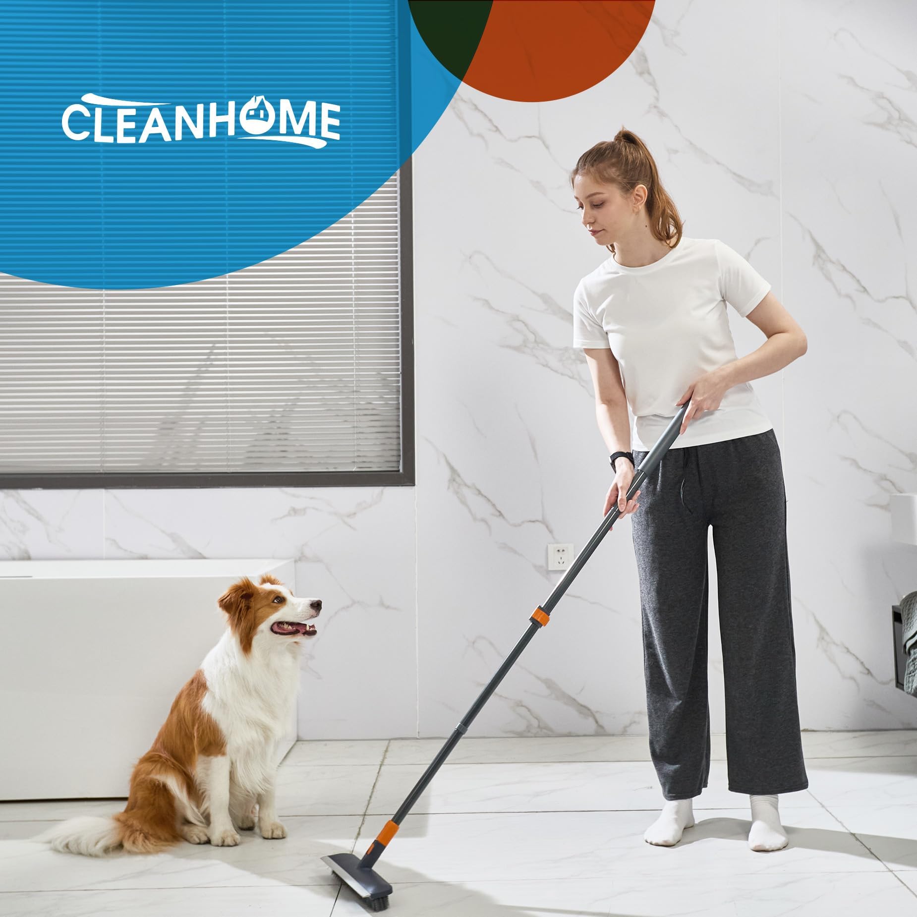 CLEANHOME Brosse à récurer pour sol, carrelage, baignoire avec 4 têtes de nettoyage différentes, brosse de douche avec long manche extensible de 142,2 cm, brosse à récurer pour nettoyer la cuisine, la