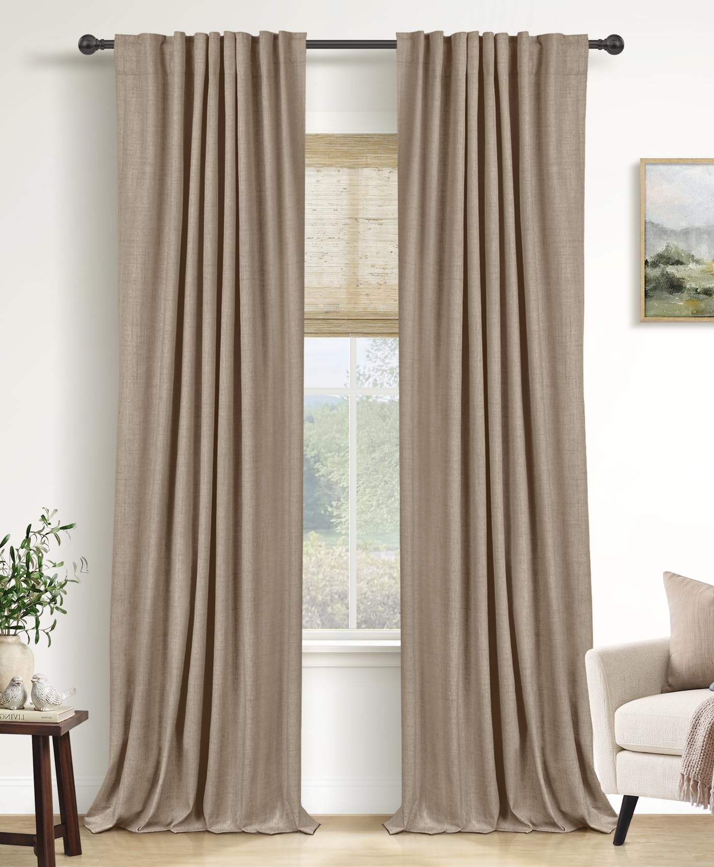 Faux Linen Total Blackout Curtains for Bedroom 102 Inch Long Copper Brown