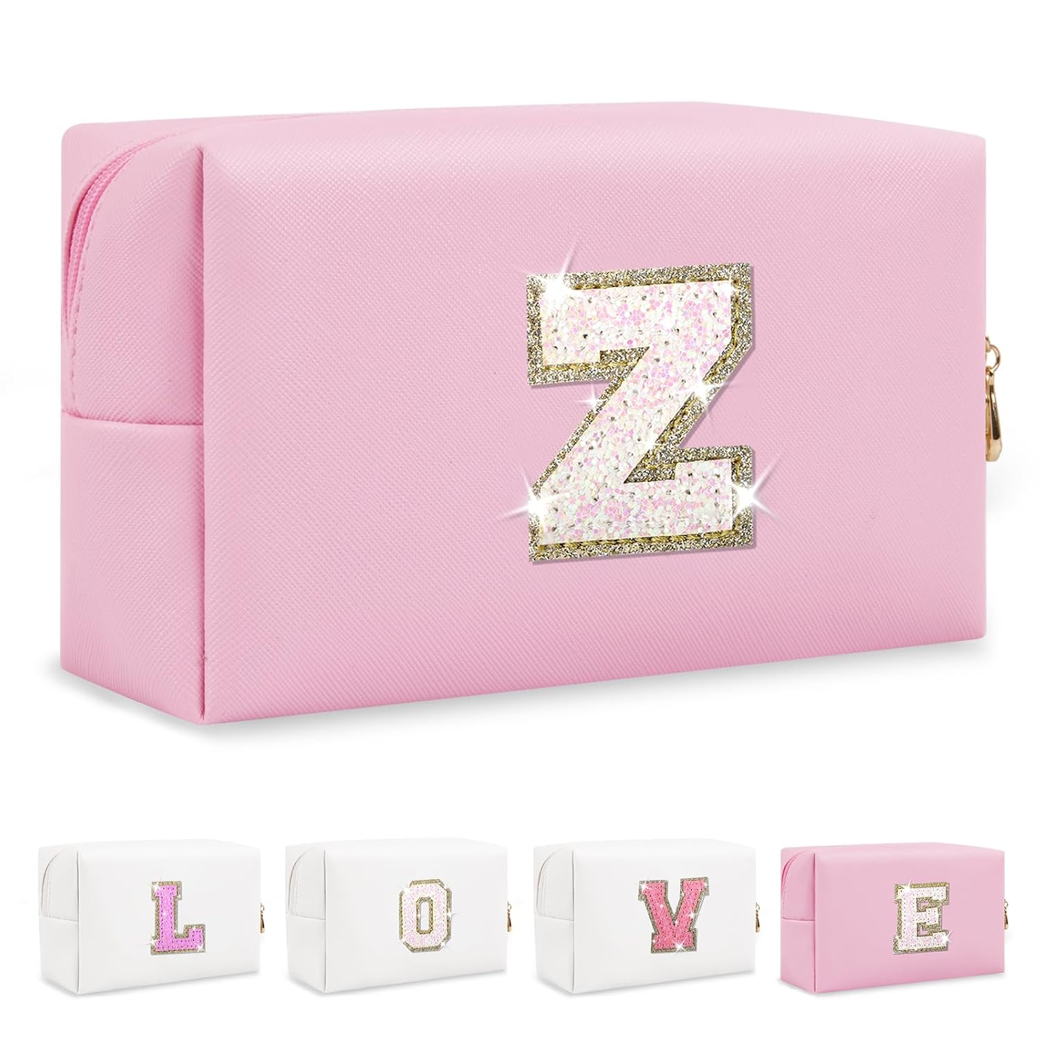 Small Personalized Initial A-Z Patch Makeup Bag,Pink Cute PU Leather Glitter Letter Cosmetic Bag for Teen Girls,Travel Toiletry Bag with Zipper,Preppy Monogrammed Birthday Gift for Daughter Niece Z