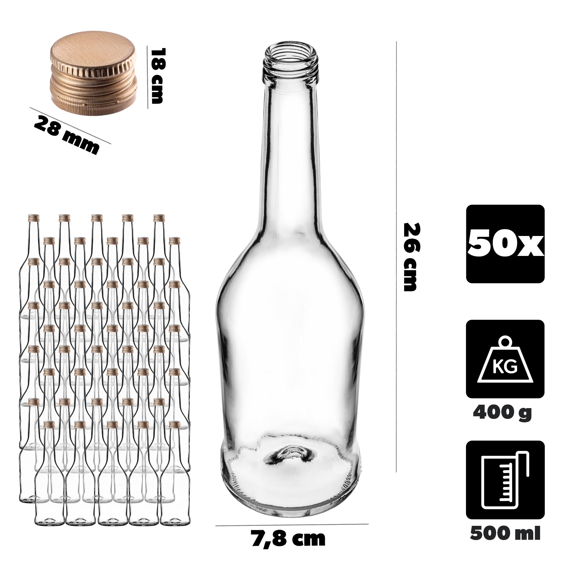 KADAX Juego de 50 botellas de licor de 500 ml, botellas vacías para llenar aceite, vinagre, licor, vino y licor, botellas de cristal, botellas de licor, botellas de zumo (dorado)