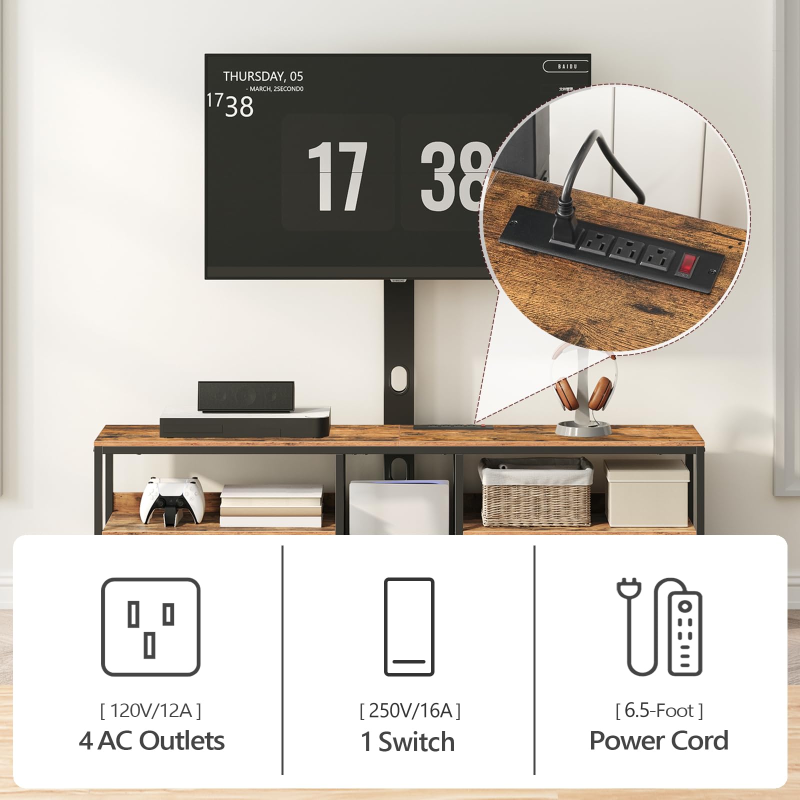 TV Stand with Mount for up to 75", Entertainment Center with Switch-Controlled Charging Station, Swivel TV Stand Mount with Fabric Drawers, for Living Room, Rustic Brown TVHR154E01N1