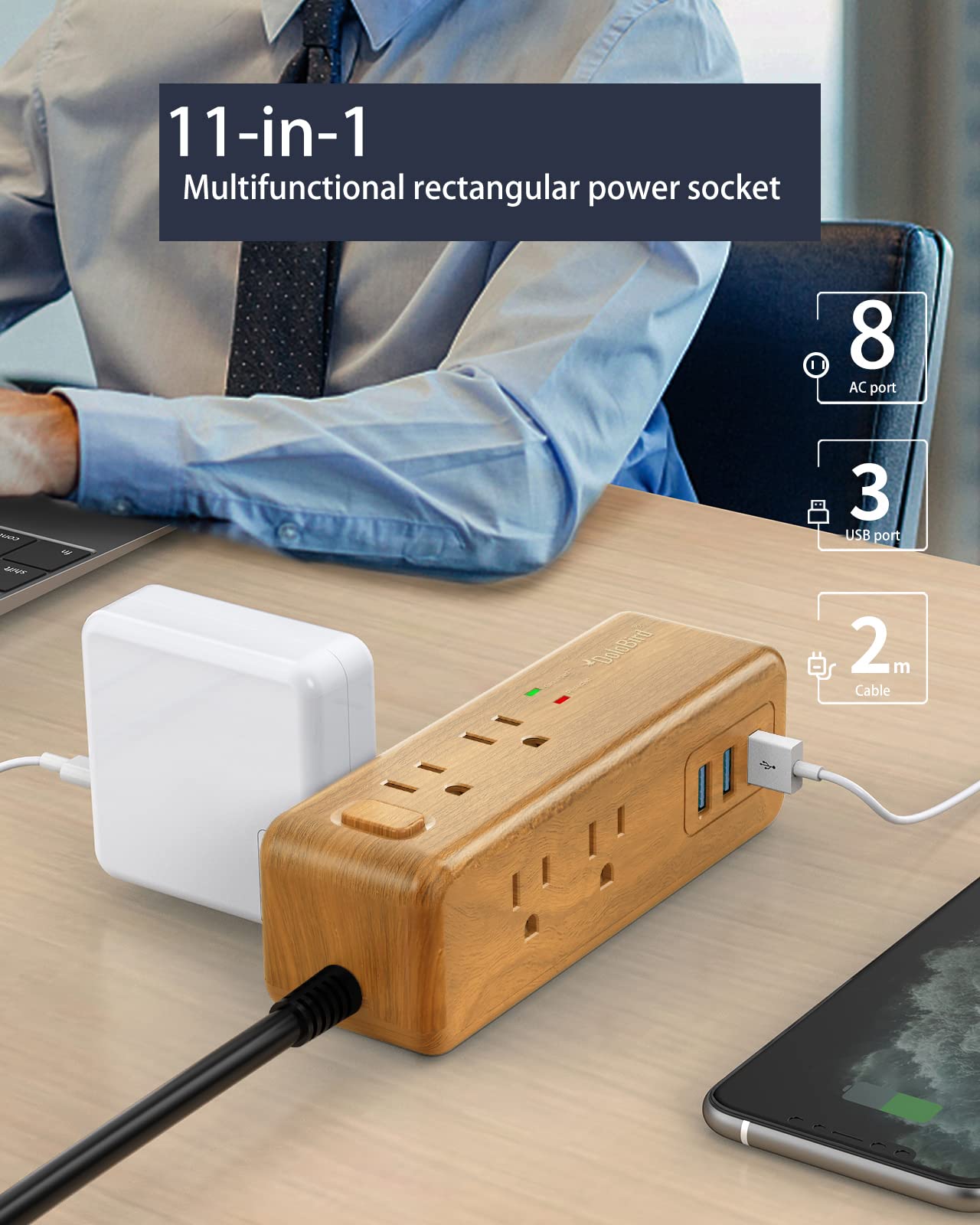Protezione contro le sovratensioni con 3 porte USB per stazione di ricarica, cavo di prolunga lungo, angolo retto, interruttore piatto, per casa, ufficio, camera da letto
