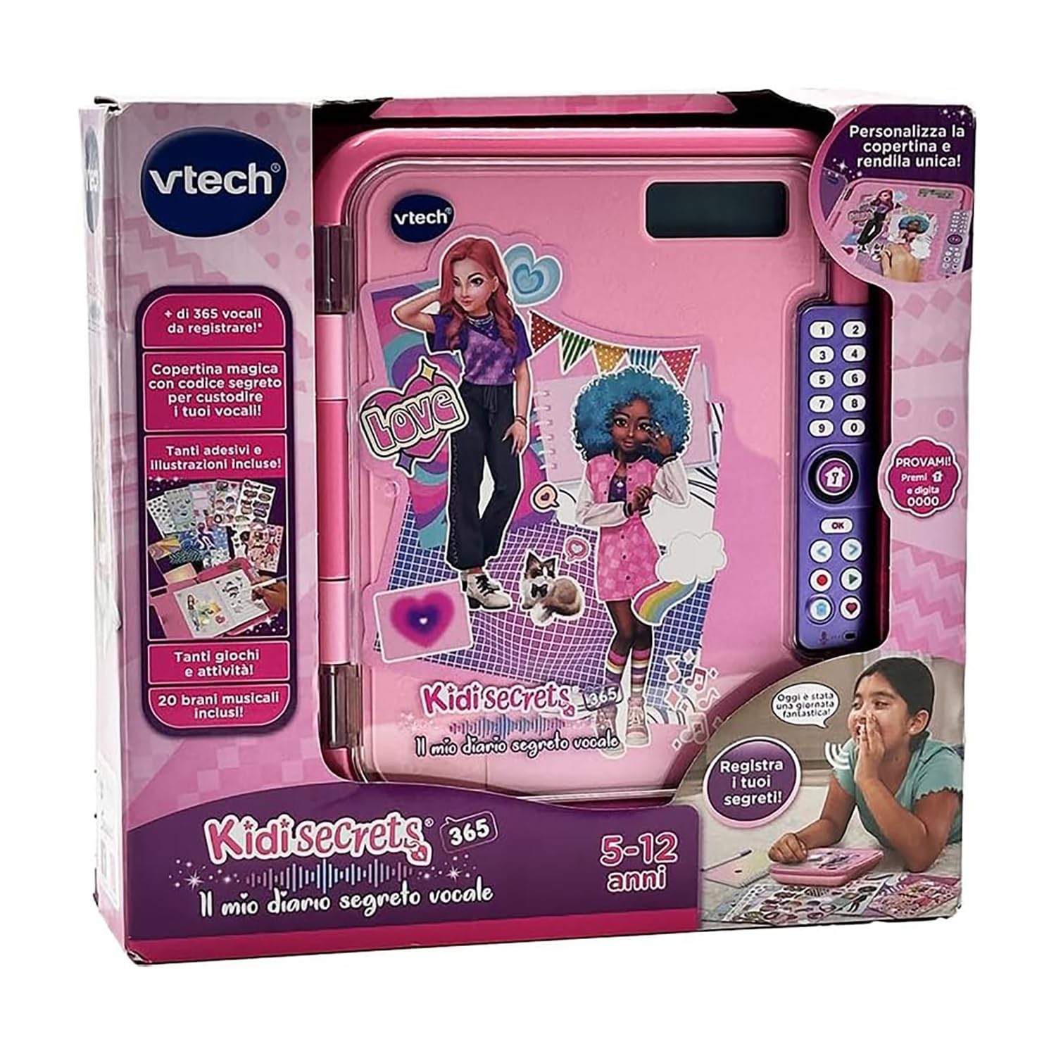 VTech KidiSecrets 365 – Diario Secreto de Voz, Diario Secreto Interactivo para niñas con grabadora de Voz, Diario con Pantalla LCD y código Secreto, Idioma Italiano, Pilas Incluidas, 5 – 12 años