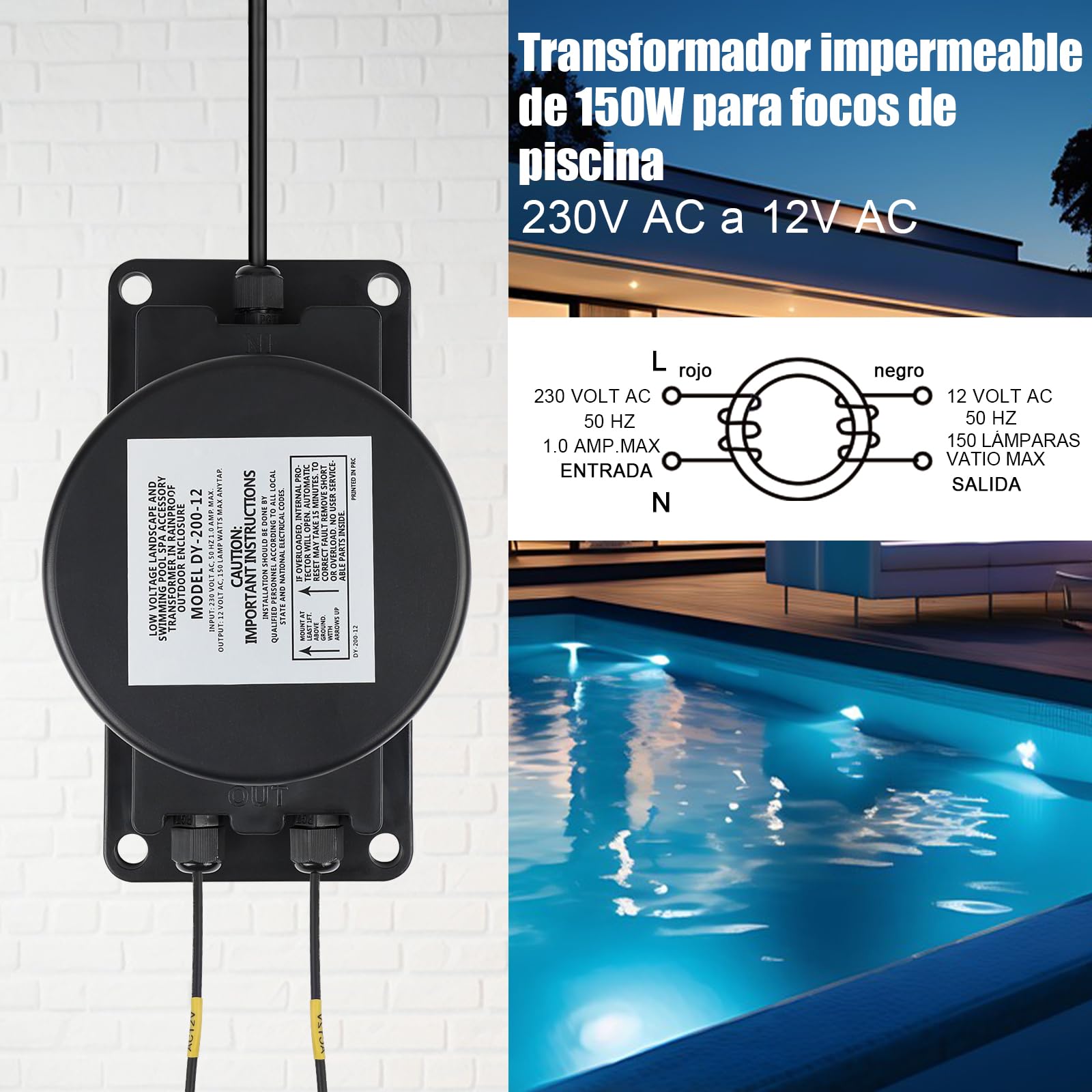 COOLWEST Transformador 220V a 12V CA Exterior, 150W Fuente de Alimentación LED Driver IP67 para iluminación de piscinas de Bajo Voltaje, Focos, Tiras LED