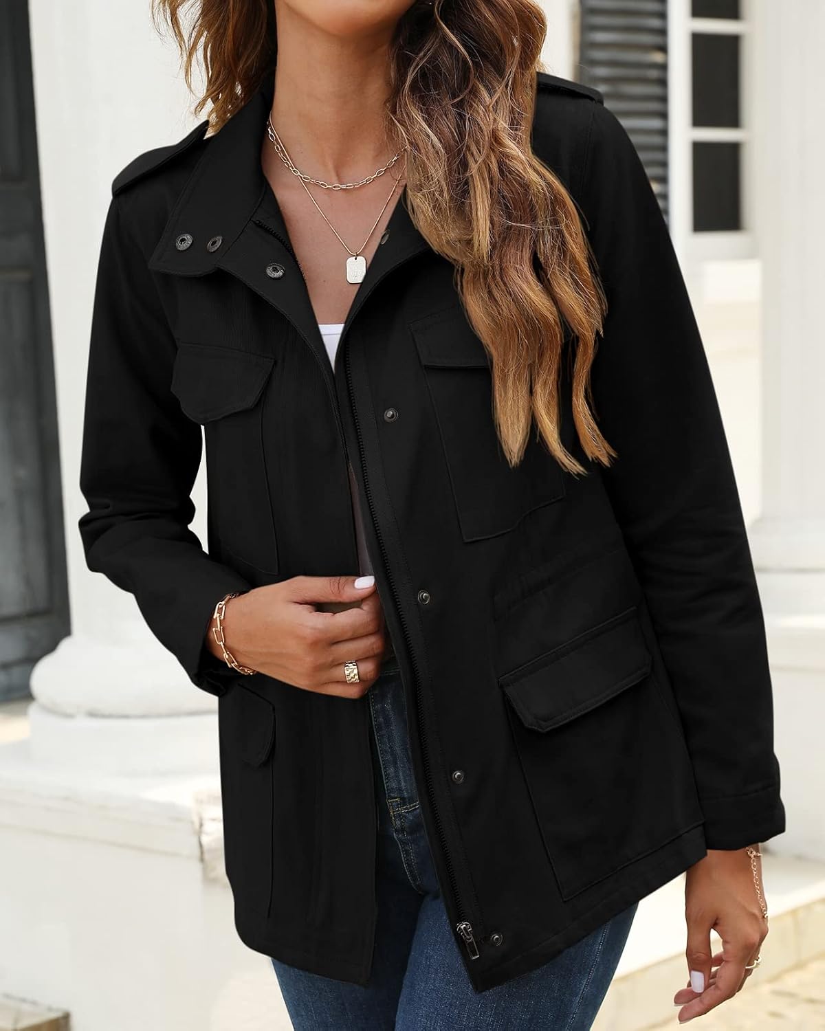 Pepochic Womens Military Jacket Zip Up Snap Buttons Lightweight Utility Anorak Field Safari Coat Outwear - Image 2