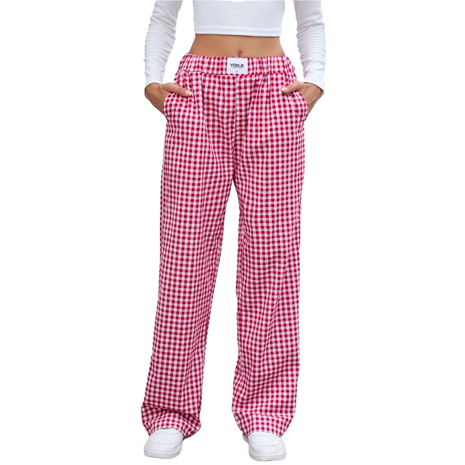 Pantaloni lunghi da donna in 100% cotone – Pantaloni da pigiama a quadretti con morbido elastico in vita, ampie gambe e pratiche tasche | Pantaloni perfetti per serate di benessere