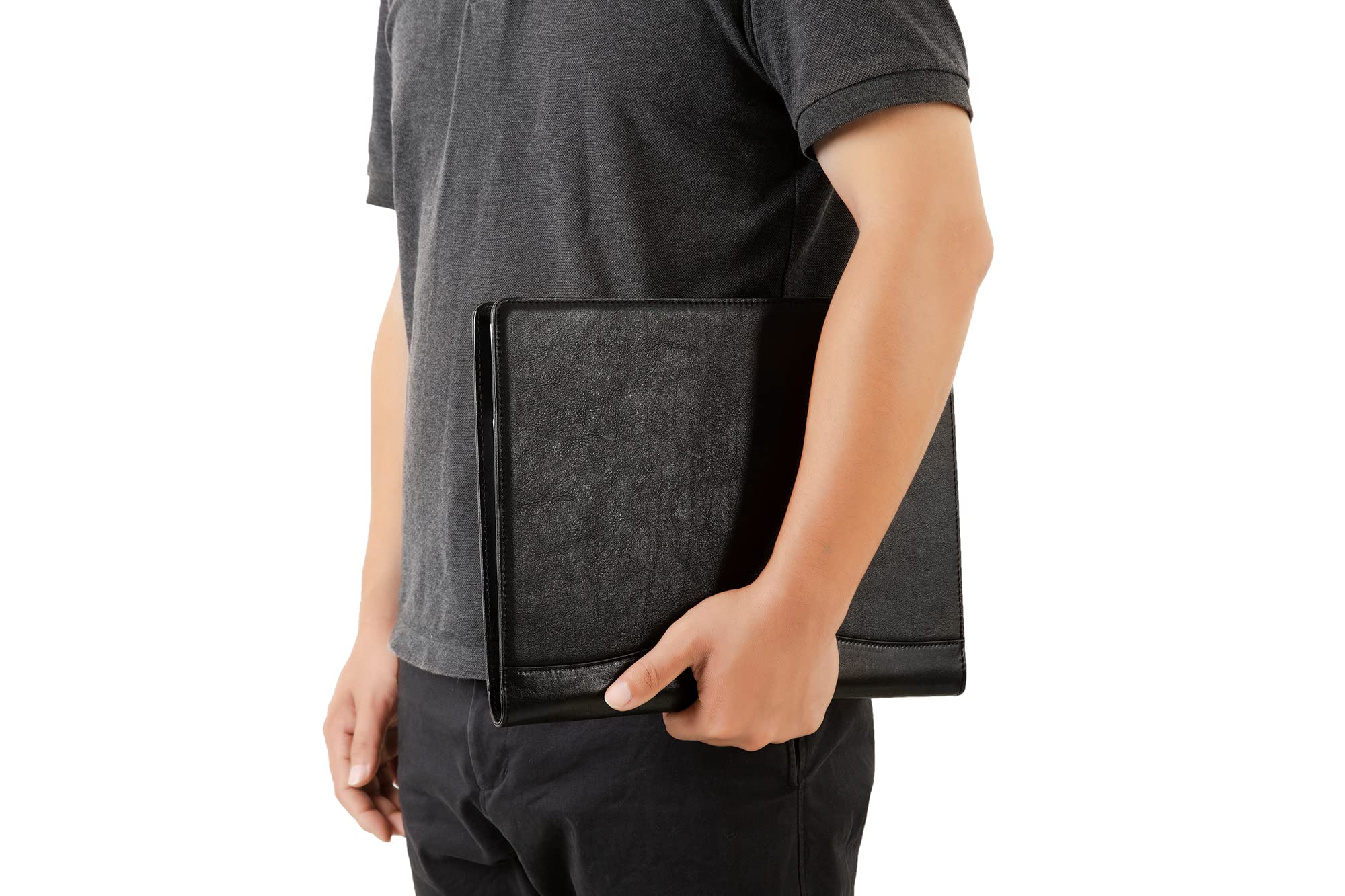 Portapapeles de piel auténtica, carpeta de cuero curtido al aceite, carpeta de entrevista para mujeres, carpeta portapapeles de negocios, folio de cuero grabado para hombres (negro, no personalizable)