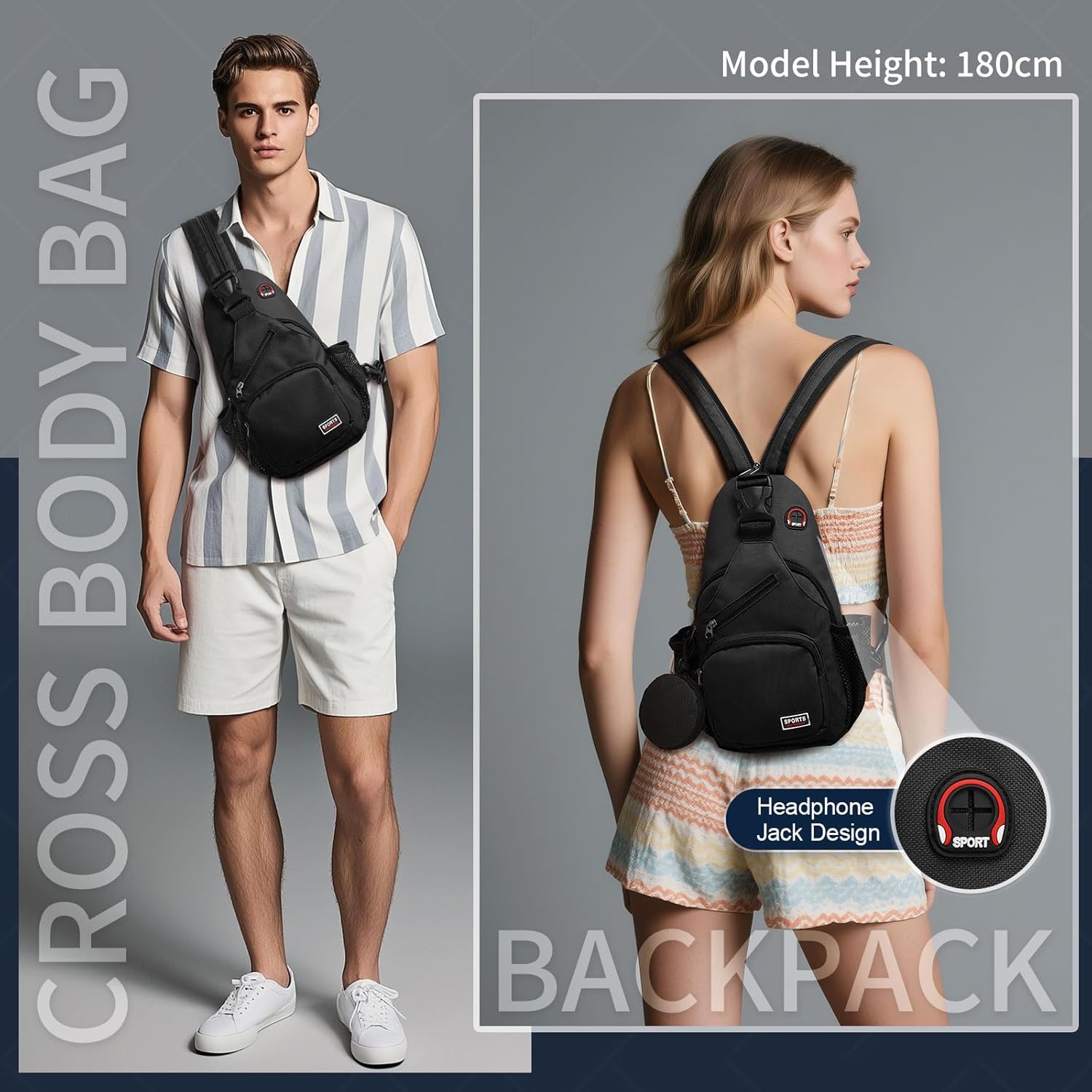 SUIKIHUM Convertible Sling Bag with Coin Pocket, 7.9" Tablet Crossbody Mini Backpack with Headphone Jack Casual Pack for Women Men Travel, Black - Image 2