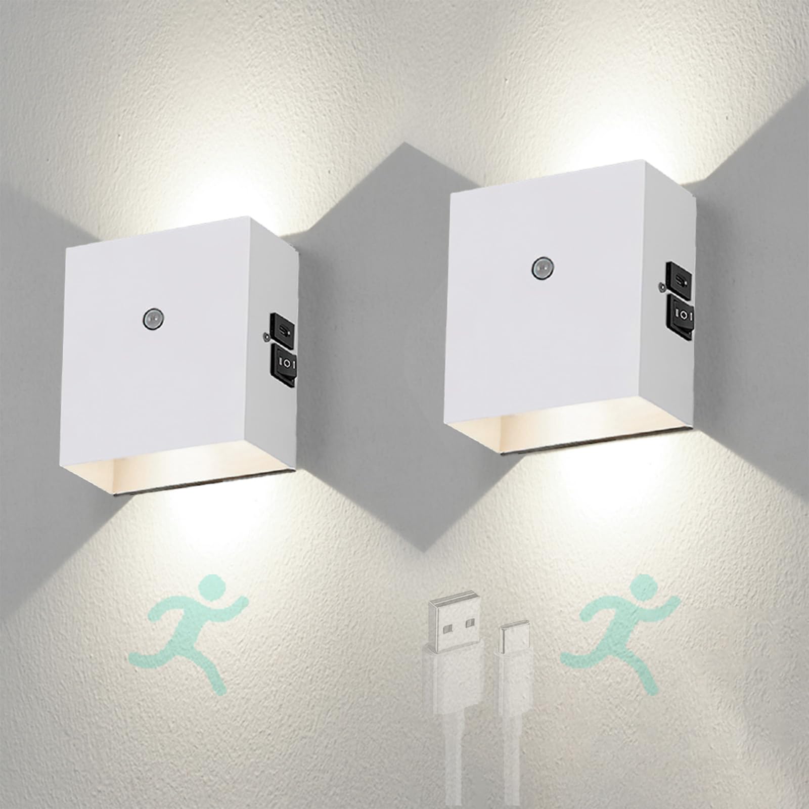 LED Interior Apliques de Pared con Sensor de Movimiento Recargable Lámparas de Pared Magnética Arriba Abajo Iluminación para Dormitorio Escaleras Sala de Estar Pasillo (Blanco Luz Blanca,2 Piezas)