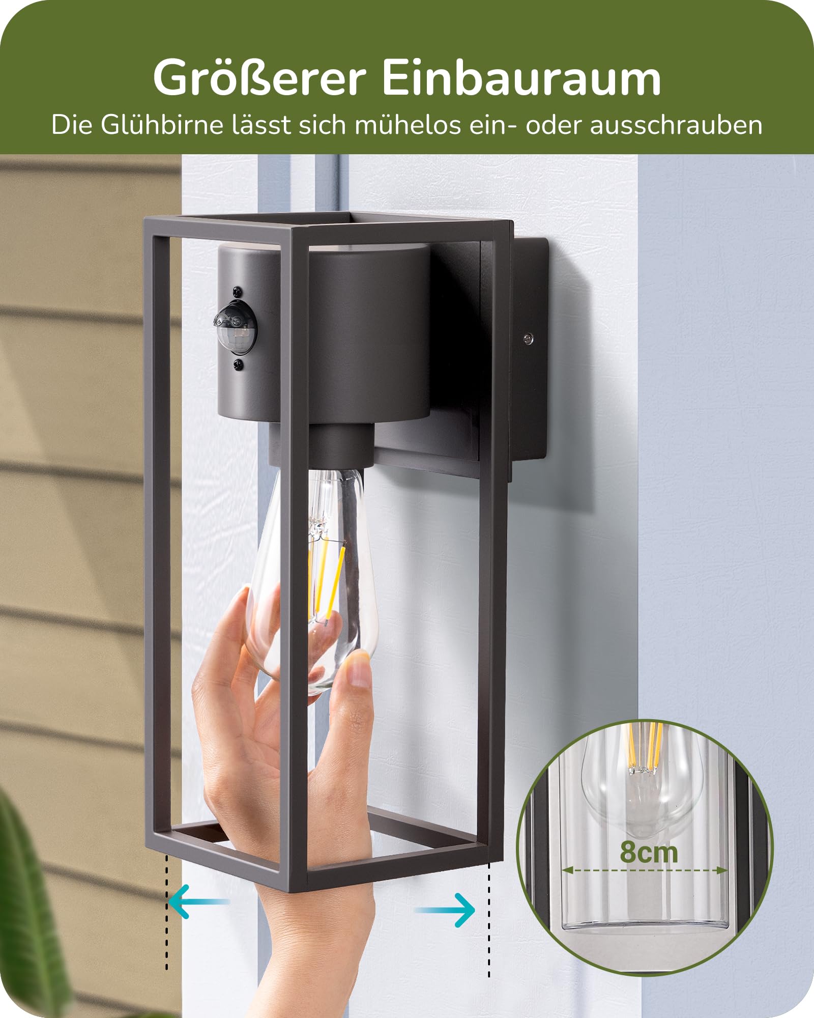 EDISHINE Zewnętrzna lampa ścienna z czujnikiem ruchu, gniazdo E27, wodoodporna IP44, lampa ścienna z aluminium i szkła hartowanego do ogrodu, na taras, fasadę, żarówki nie są dołączone, antracytowa