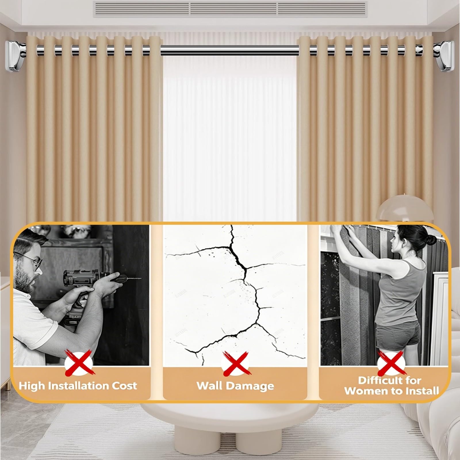 Barre Extensible Sans Perçage 2m 3m 4m Tringle Rideau Extensible, Antirouille Acier Inoxydable, Tringle À Rideaux De Douche Sans Percage Pour Paravent Interieur Penderie(Gris,310-400cm)