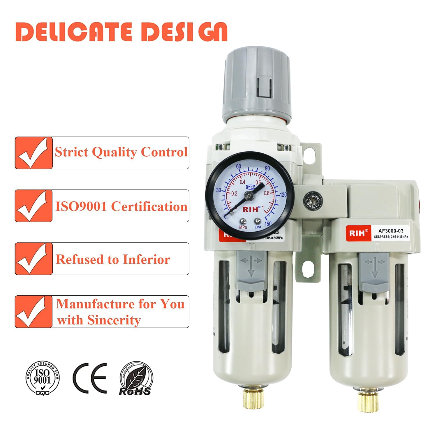 RIH Sistema di essiccazione dell'aria - 3/8 "NPT doppi filtri aria - 5 micron filtro antiparticolato e regolatore di pressione dell'aria - calibro (0-150 psi), scarico semi-automatico, ciotola in