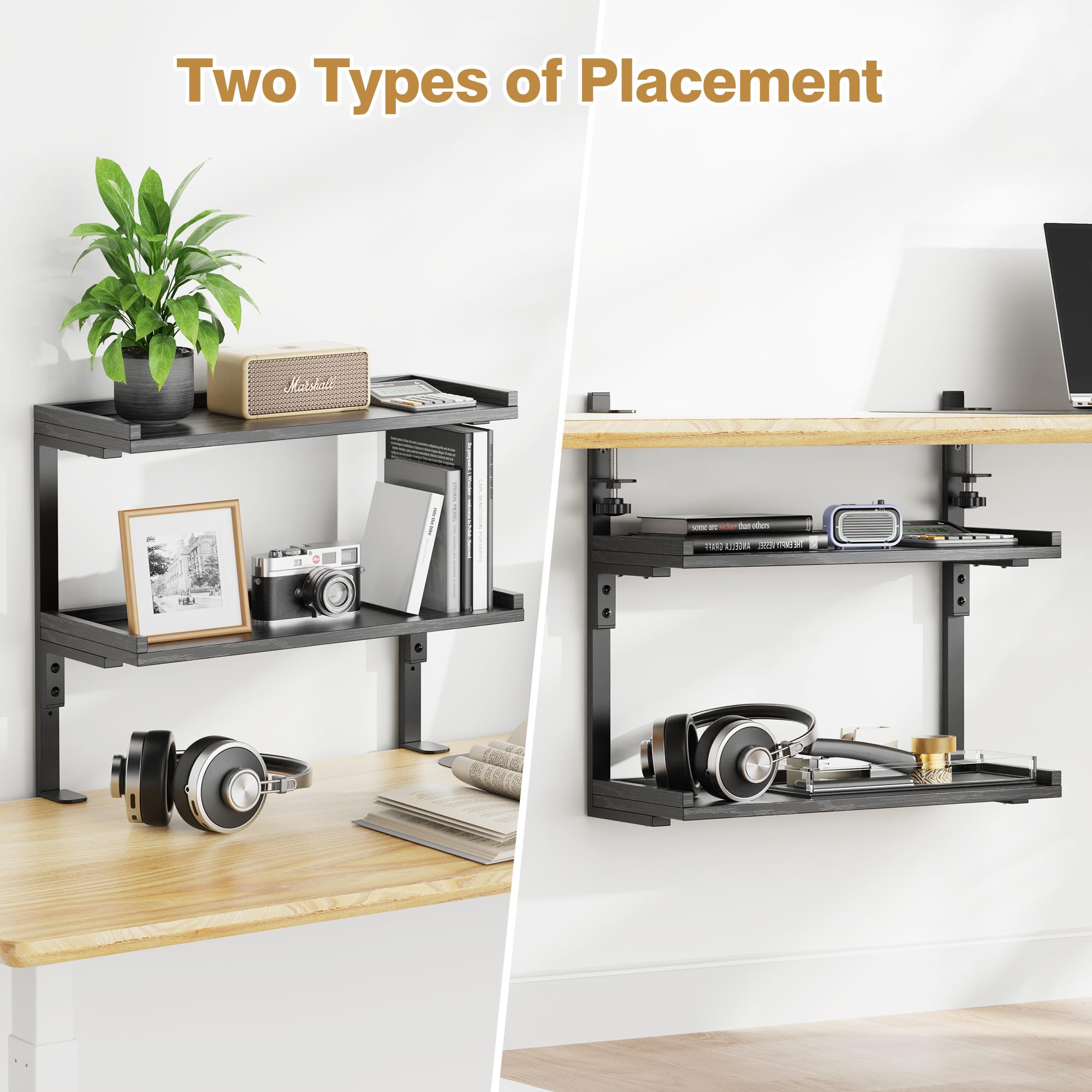 THYGIFTREE Mensola da Scrivania in Legno a 2 Livelli, Lungo 31.8 cm Scaffale da Scrivania per la Parte Superiore e Inferiore, Organizer per Accessori, Ufficio e Gaming (Nero)