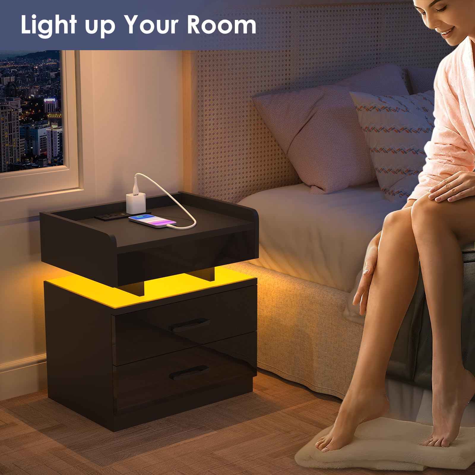 Comodino A LED IRONCK Con Prese USB E Type-C, 2 Cassetti - Tavolino