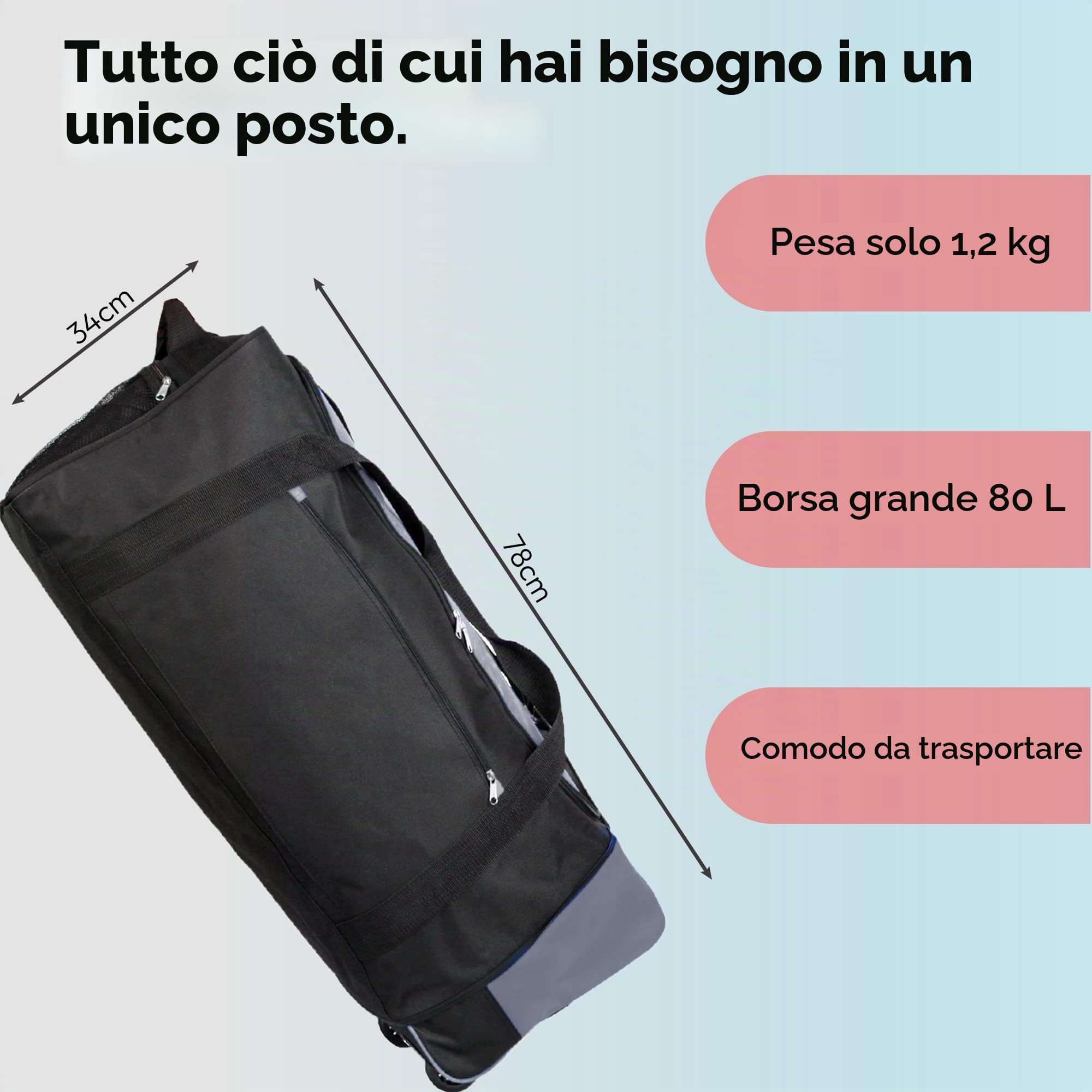 iN Borsone da viaggio pieghevole con ruote in plastica, utilizzabile come borsa leggera per bagagli, valigia o zaino. Ideale per viaggi, kit e attrezzature sportive., nero/grigio, 30 x 32 x 10 cm