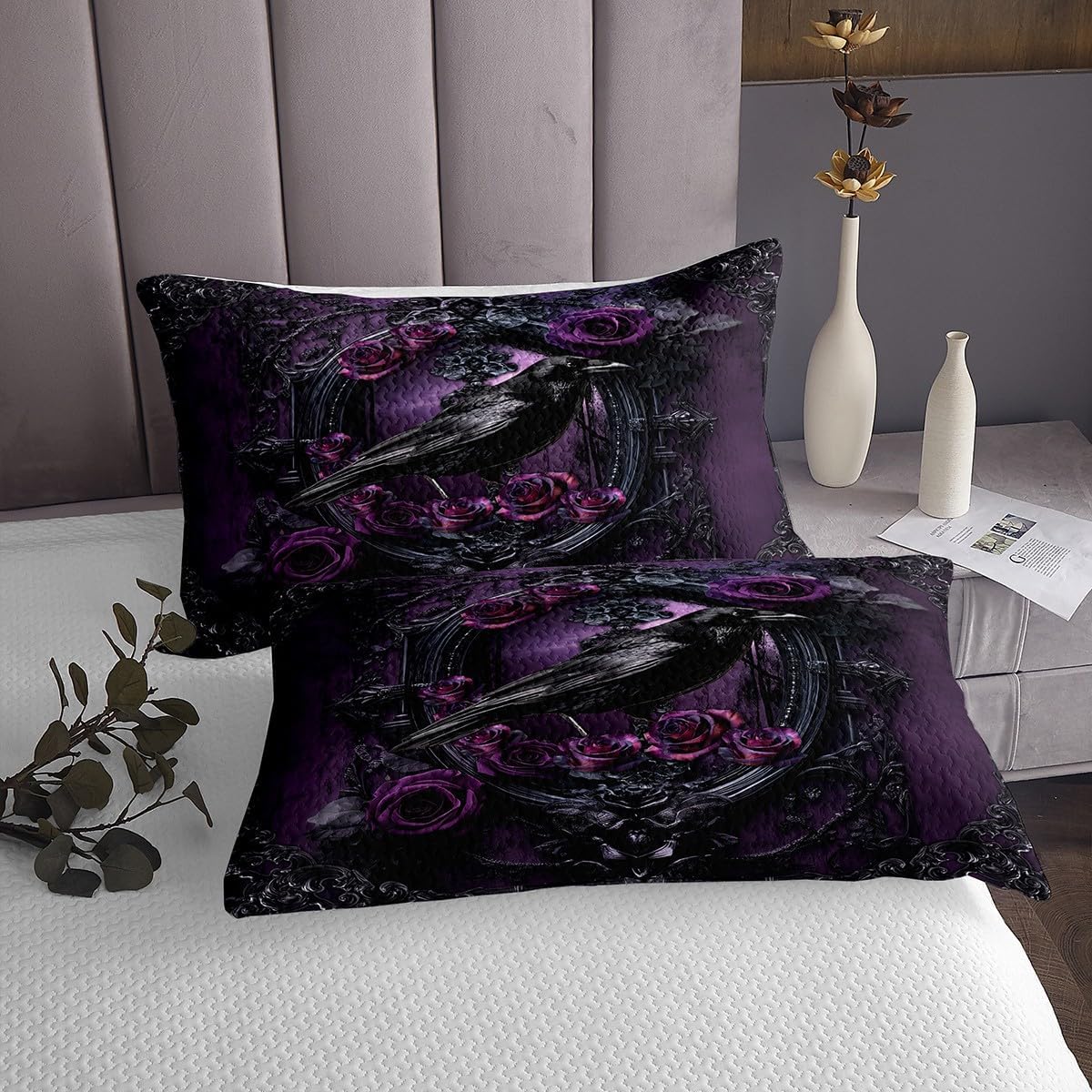 Gothic Crow Bedspread King Size,Purple Rose Flower Bedding Quilt 3Pcs Woman Men Adults Room Decor,Vintage European Floral Coverlet Sets Black Purple Comforter Sets,2 Pillowcases