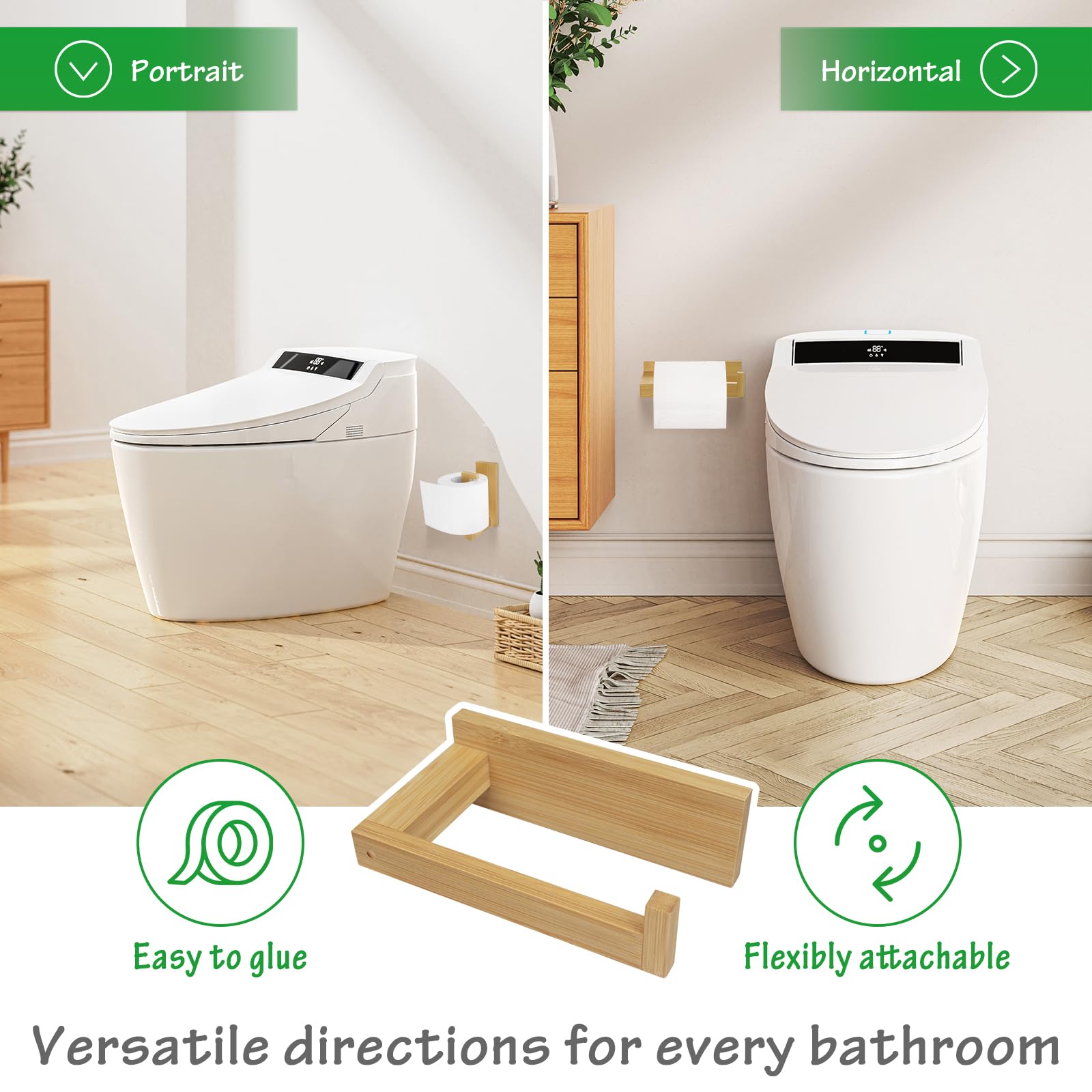 Soporte de papel higiénico de bambú para colgar en la pared, autoadhesivo o con tornillo, soporte para rollo de papel higiénico para baño y cocina 6