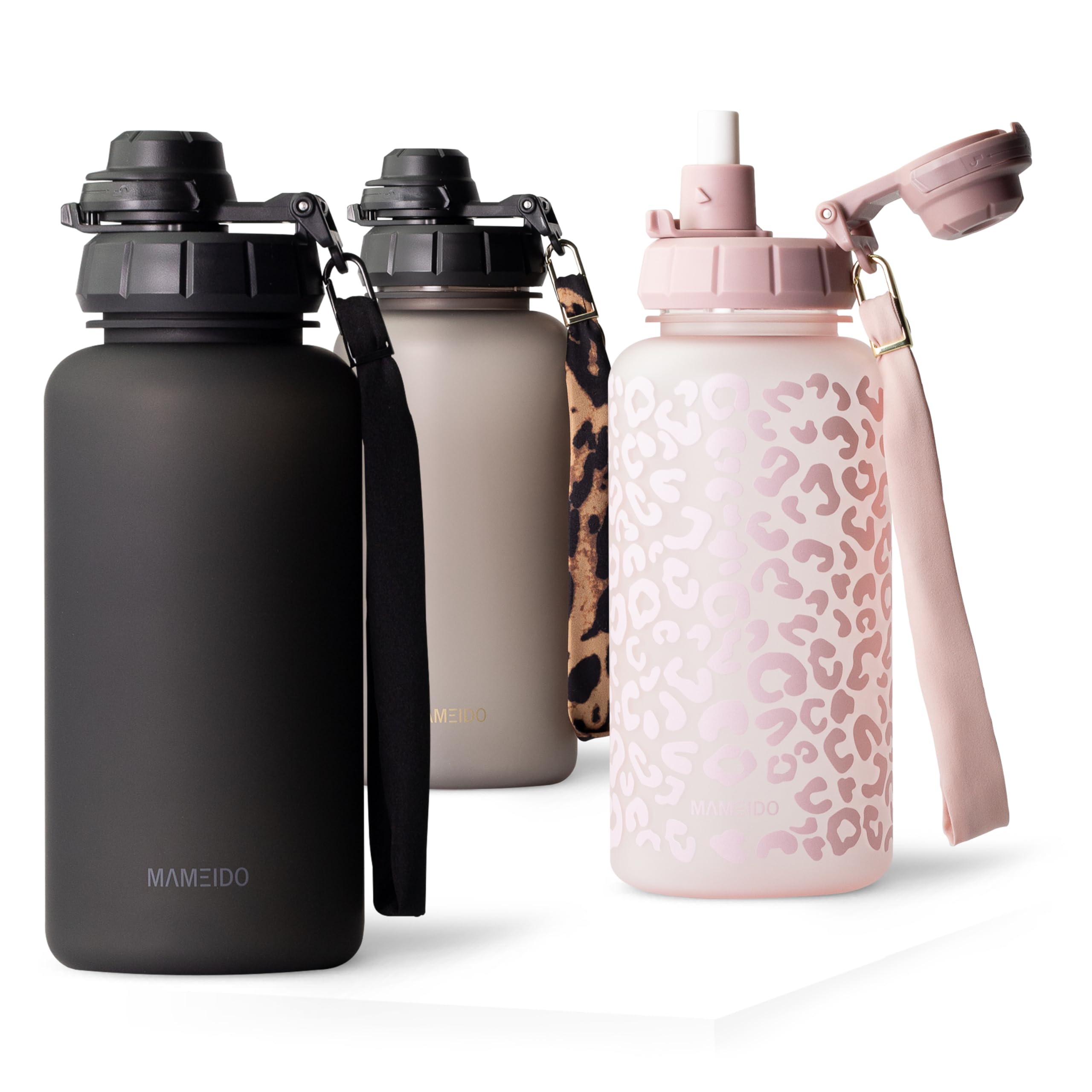 MAMEIDO Trinkflasche mit Strohhalm & Zeitmarkierung als Trinkerinnerung 1 l, Wasserflasche auslaufsicher, Sportflasche BPA-frei, Gym Water Bottle, Flasche aus Tritan (Rich Black)