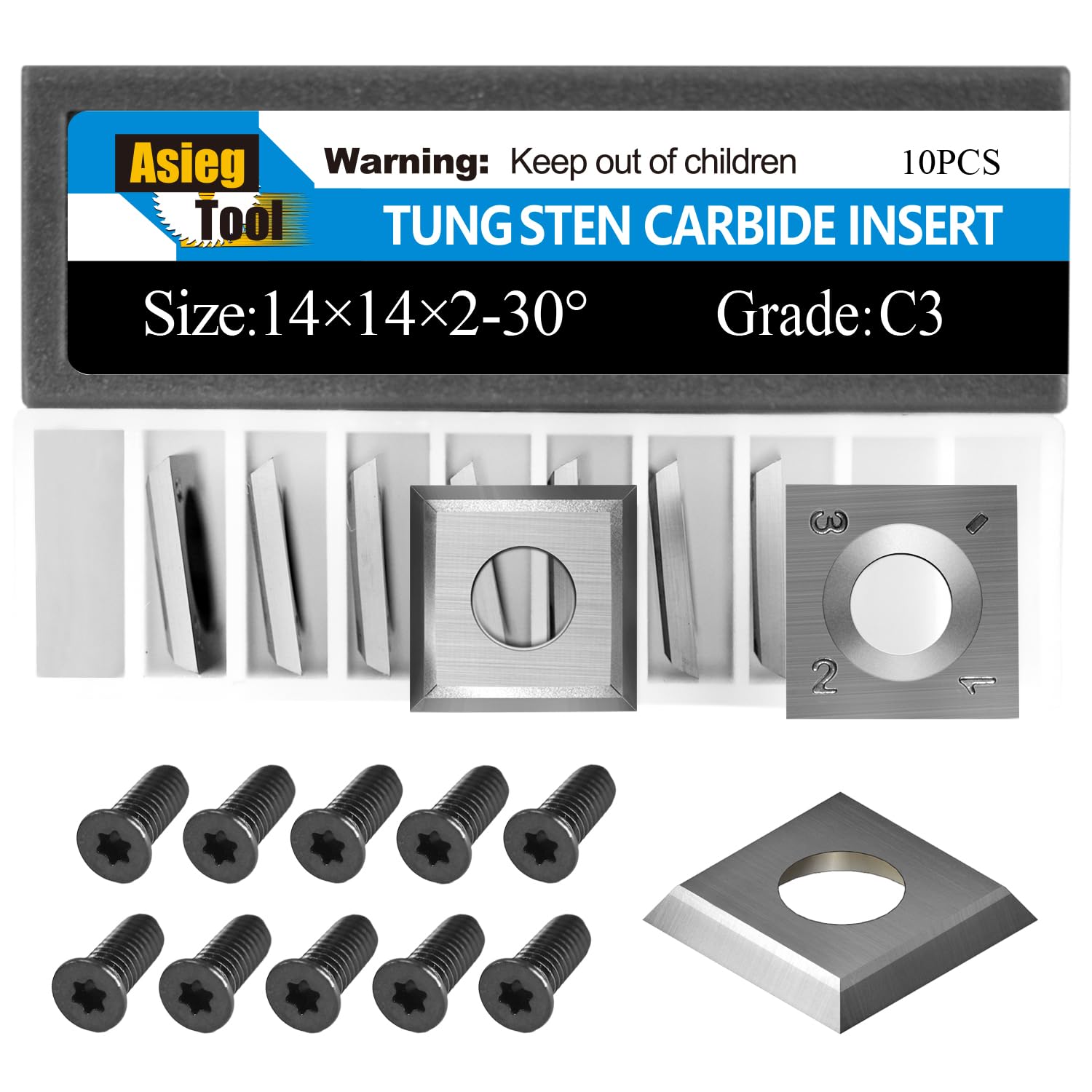 Asieg Tool 14 x 14 x 2mm-30° Carbide Inserts Cutters Knives Blades with Screws for Grizzly T21348 and Woodworking Spiral Helical Planer Head 10pcs