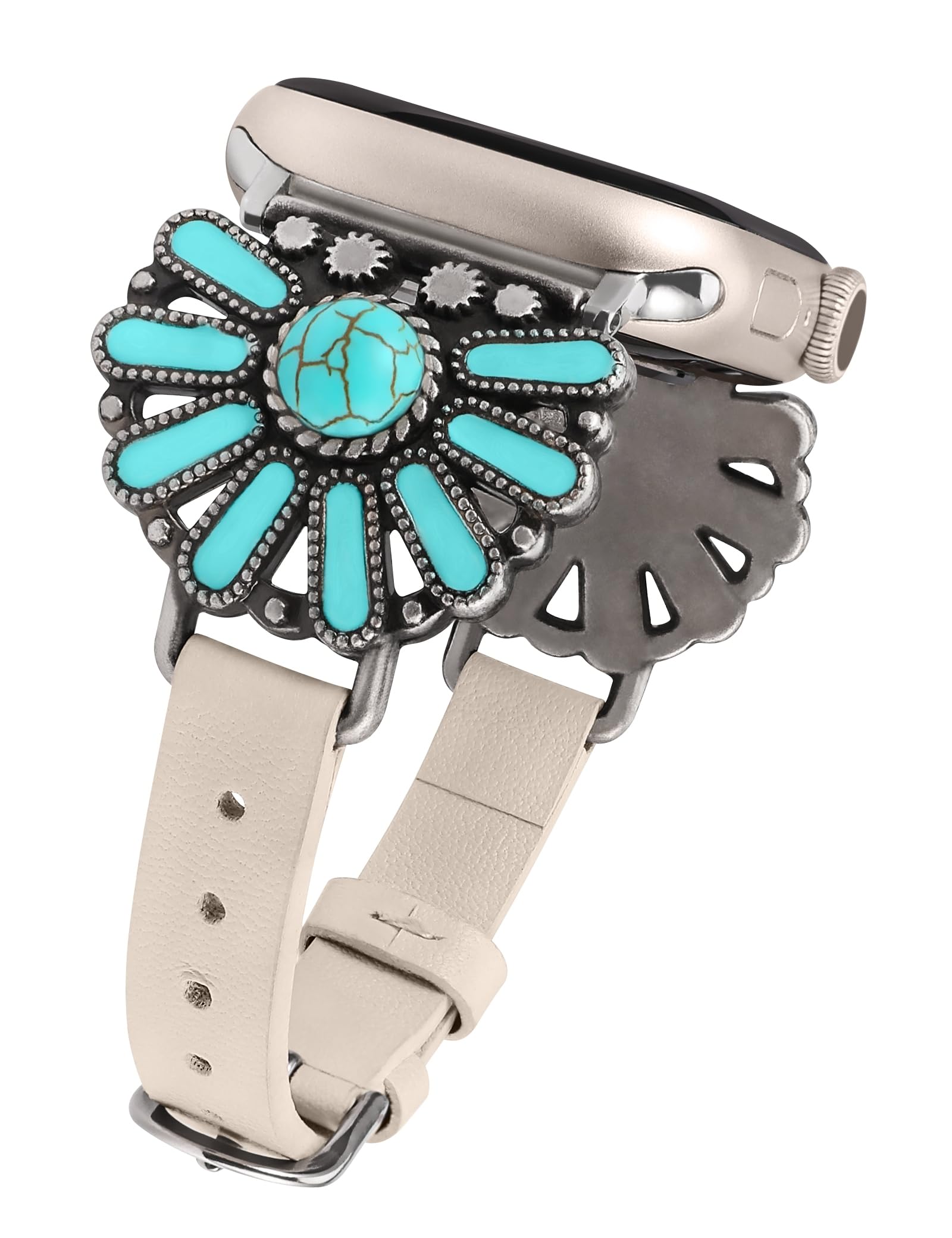 W-RARA Leather Band Compatible with Apple Watch Band Women 38/40/41/42/44/45/46/49mm, Boho Western Vintage Turquoise Ethnic Antique Style Strap for