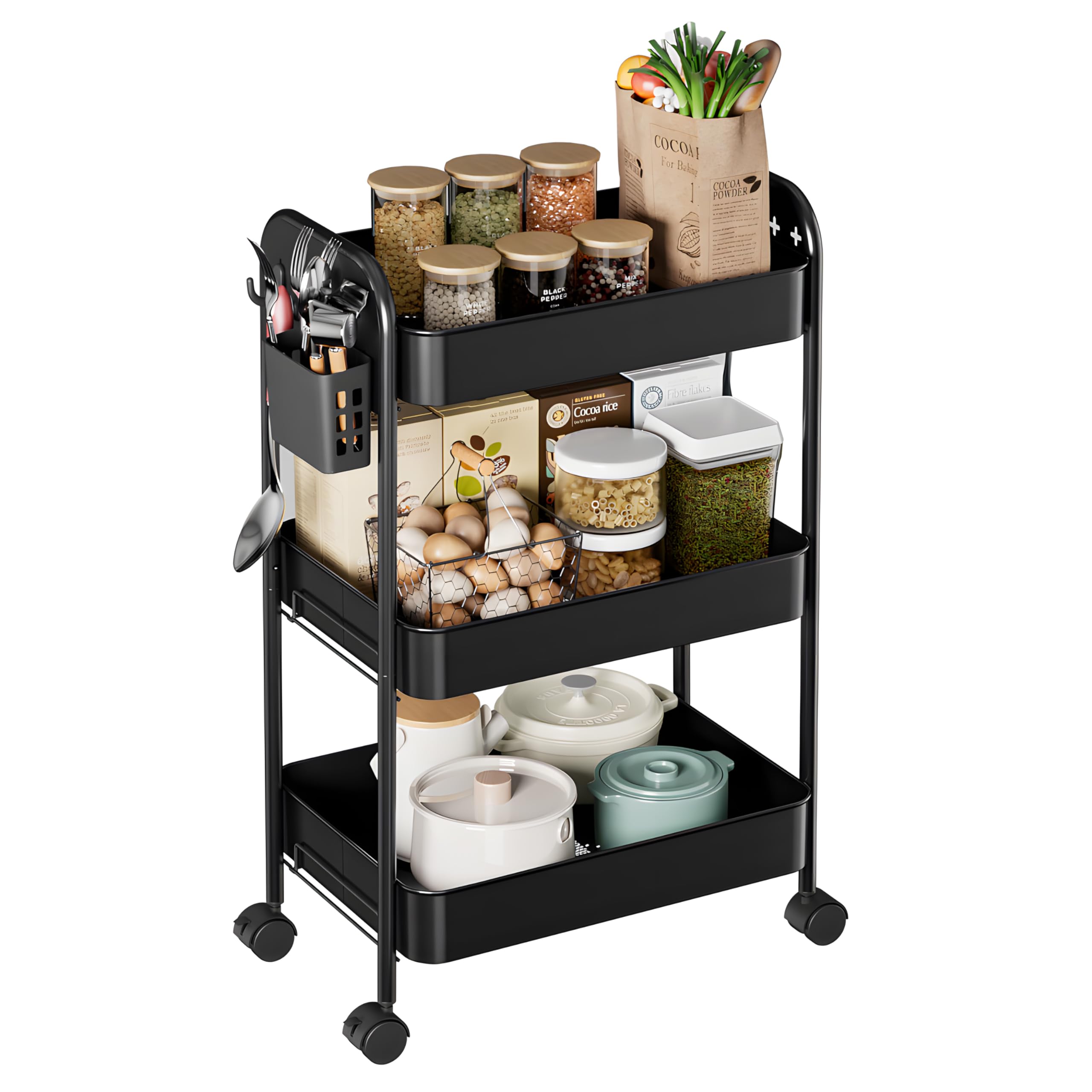 ZXICEU Heavy-Duty Rolling Cart 3 Tier Metal Utility Storage Cart with Casters, Hanging Cups, Hooks, Book Snack Craft Mesh Rolling Storage Organizer