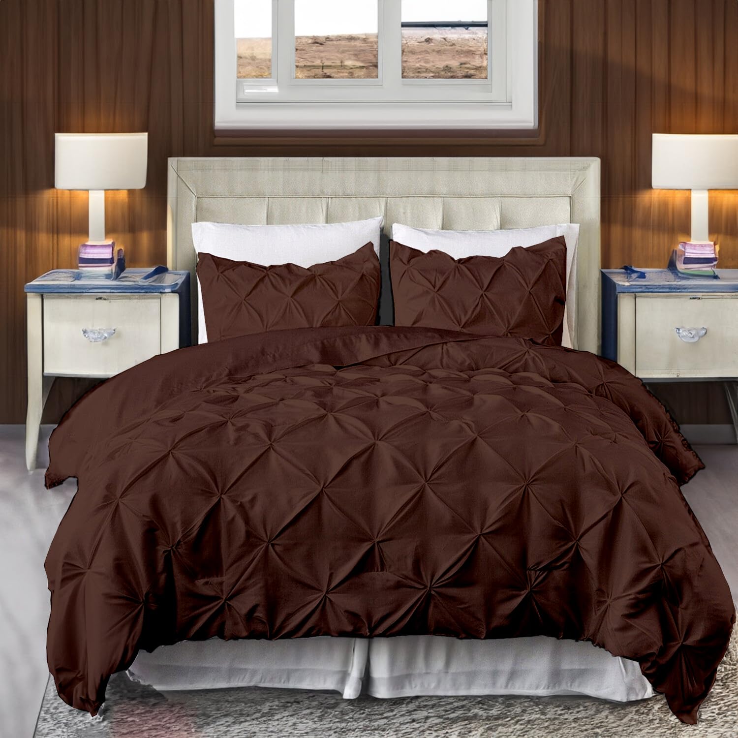 EASYCOT 800TC Diamond Pintuck Duvet Cover Egyptian Cotton 1 Piece Duvet Cover King Size Pinch Pleat Comfortable Hotel Quality Bedding set (Chocolet) — image 1