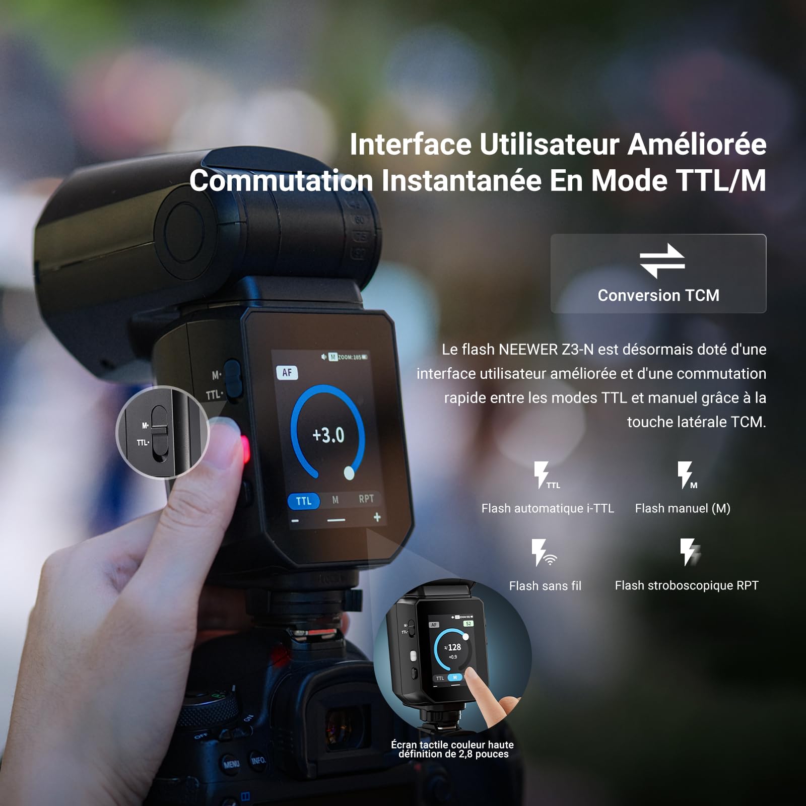 NEEWER Flash 100Ws 2,4G TTL Griffe Compatible avec Canon Caméra et Godox,écran Tactile,HSS 1/8000,2 Lampe Pilote,Commutation TTL/M,Batterie 3000mAh/500 Pleine Puissance,éclairage Studio Photo,Z3-C