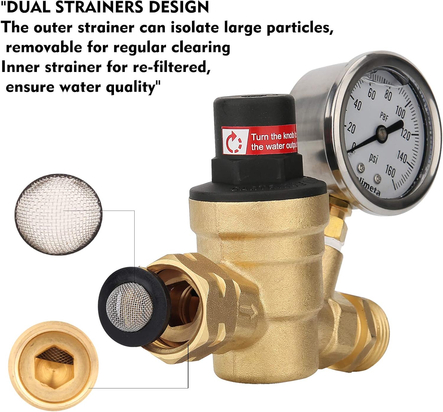 Solimeta Adjustable Lead-Free Brass RV Pressure Regulator, Pressure Reducer with Liquid Filled Pressure Gauge 160psi and Inlet Screened Filter for RV Camper Travel Trailer