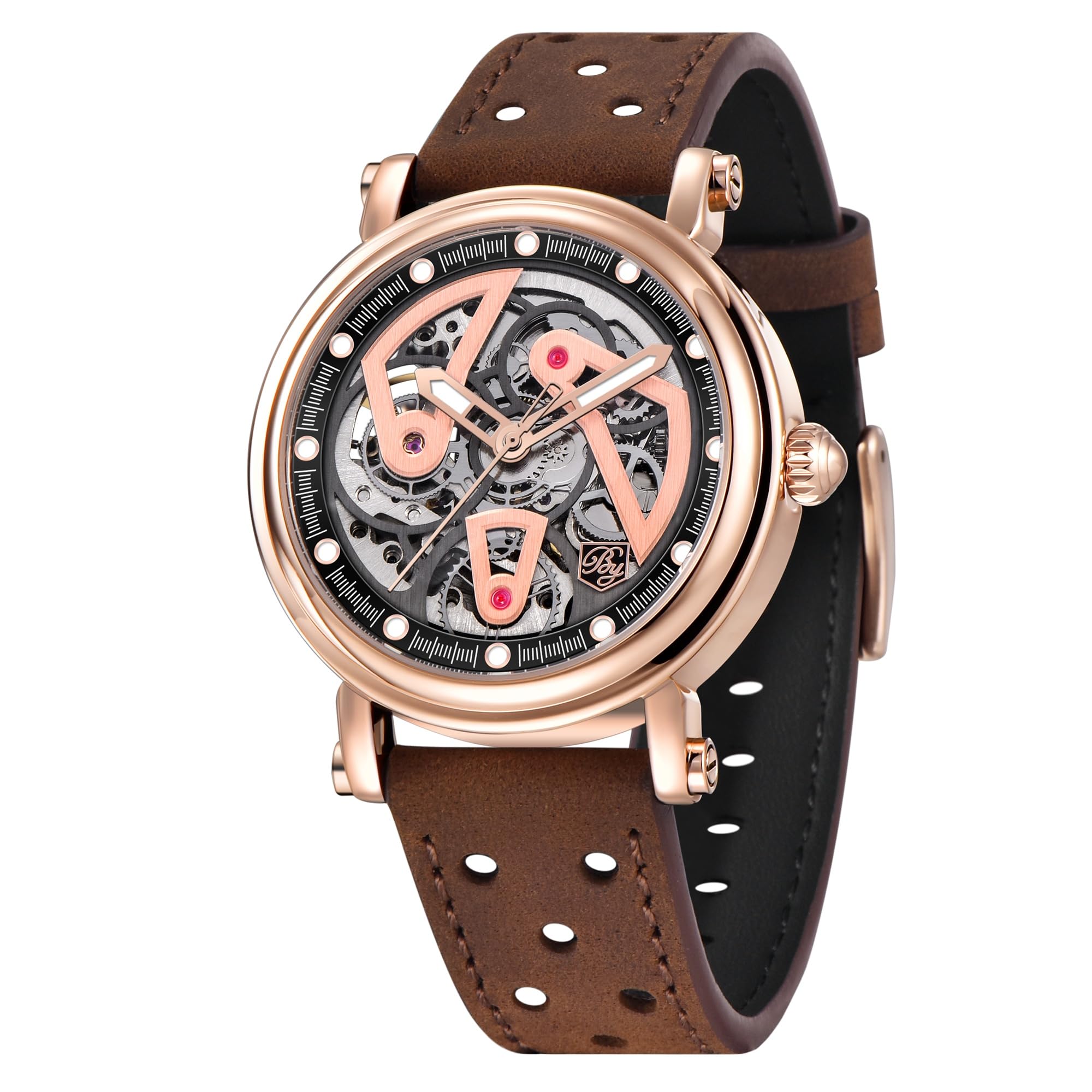 PAGRNE DESIGNBENYAR Watch for Men Automatic Mechanical WristWatches Skeleton Dial Elegant Synthetic Sapphire Glass Leather Strap