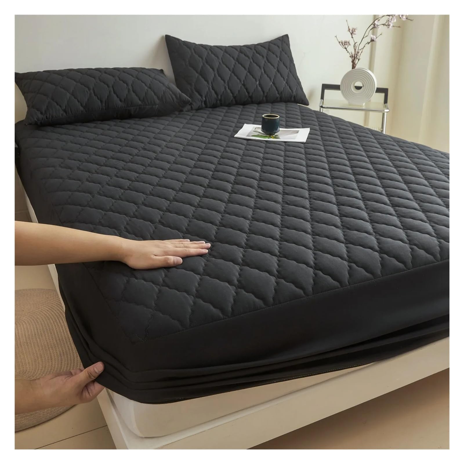 Waterproof Mattress Protector 3Pcs/Set, Quilted Mattress Topper Pad, Elastic Band Fitted Sheet,With Pillowcases(Black,140x200cm 3pc a Set)