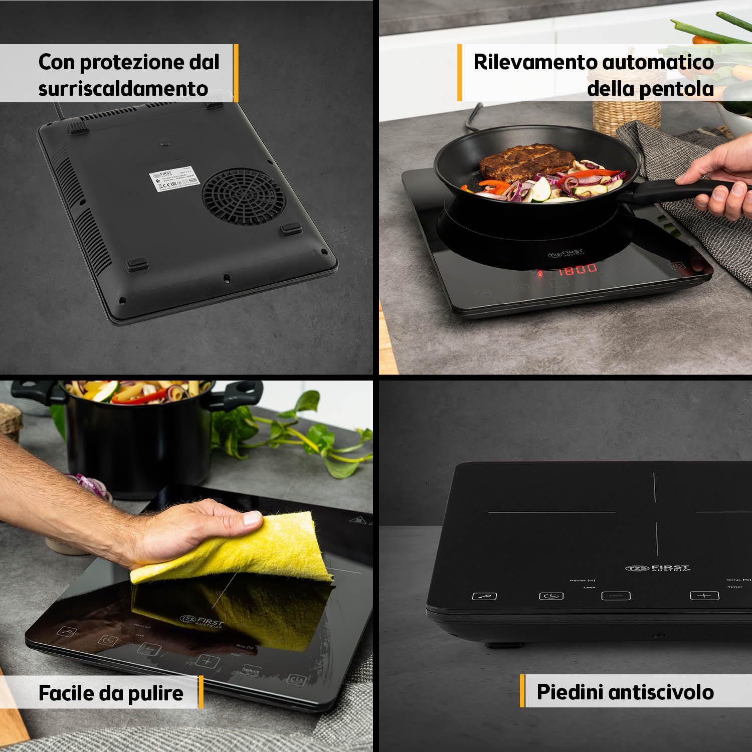 TZS First Austria - Piastra a Induzione 2000W - Design Ultra Sottile & Vetro Cristallo - Piano Cottura Digitale Touch, 10 Livelli & Timer - Ø 260 mm - Ideale per Camping & Ufficio