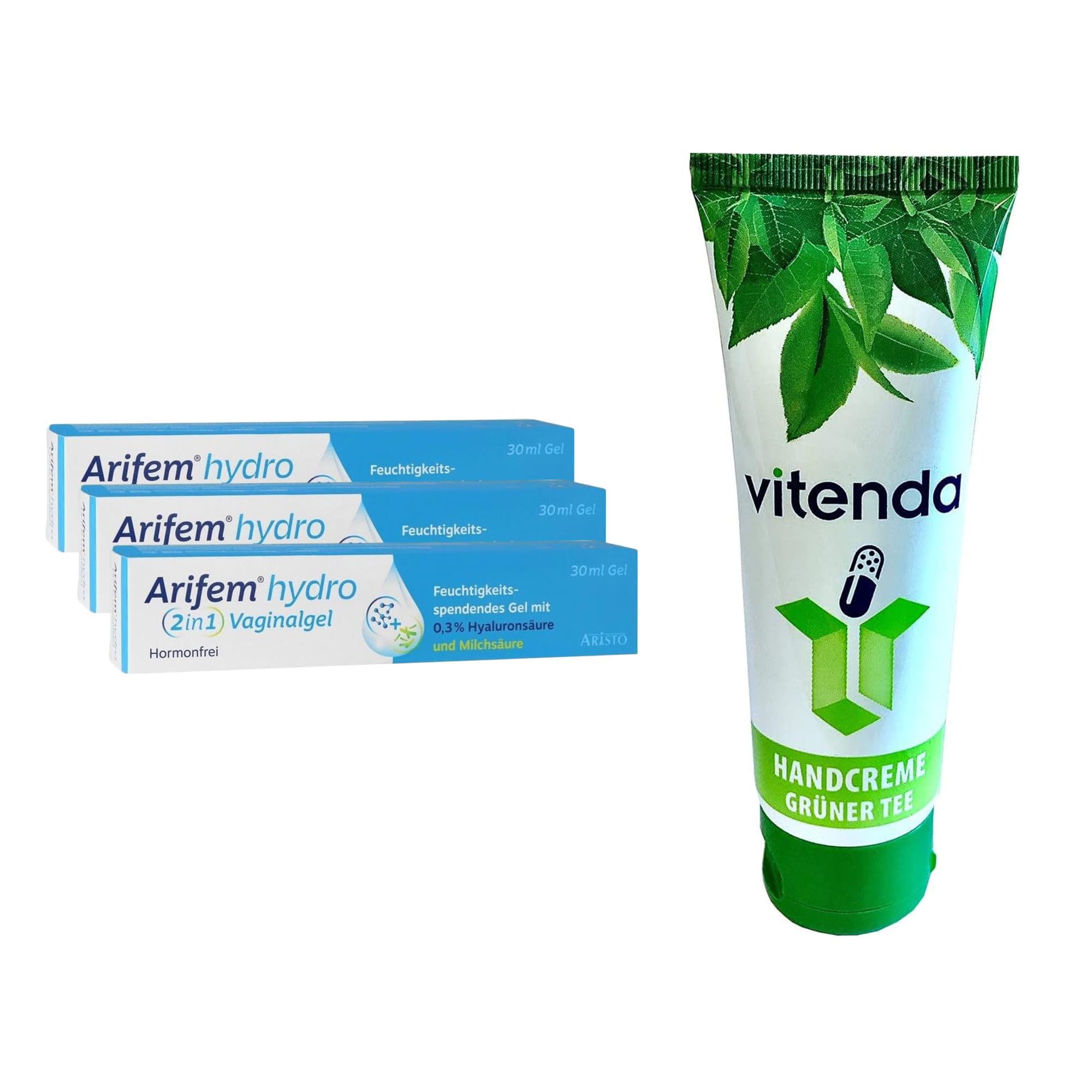 Set: Feuchtigkeits-Vaginalgel mit Hyaluronsäure & Milchsäure bei Scheidentrockenheit, hormonfrei, 3x30ml – inkl. vitenda Handcreme