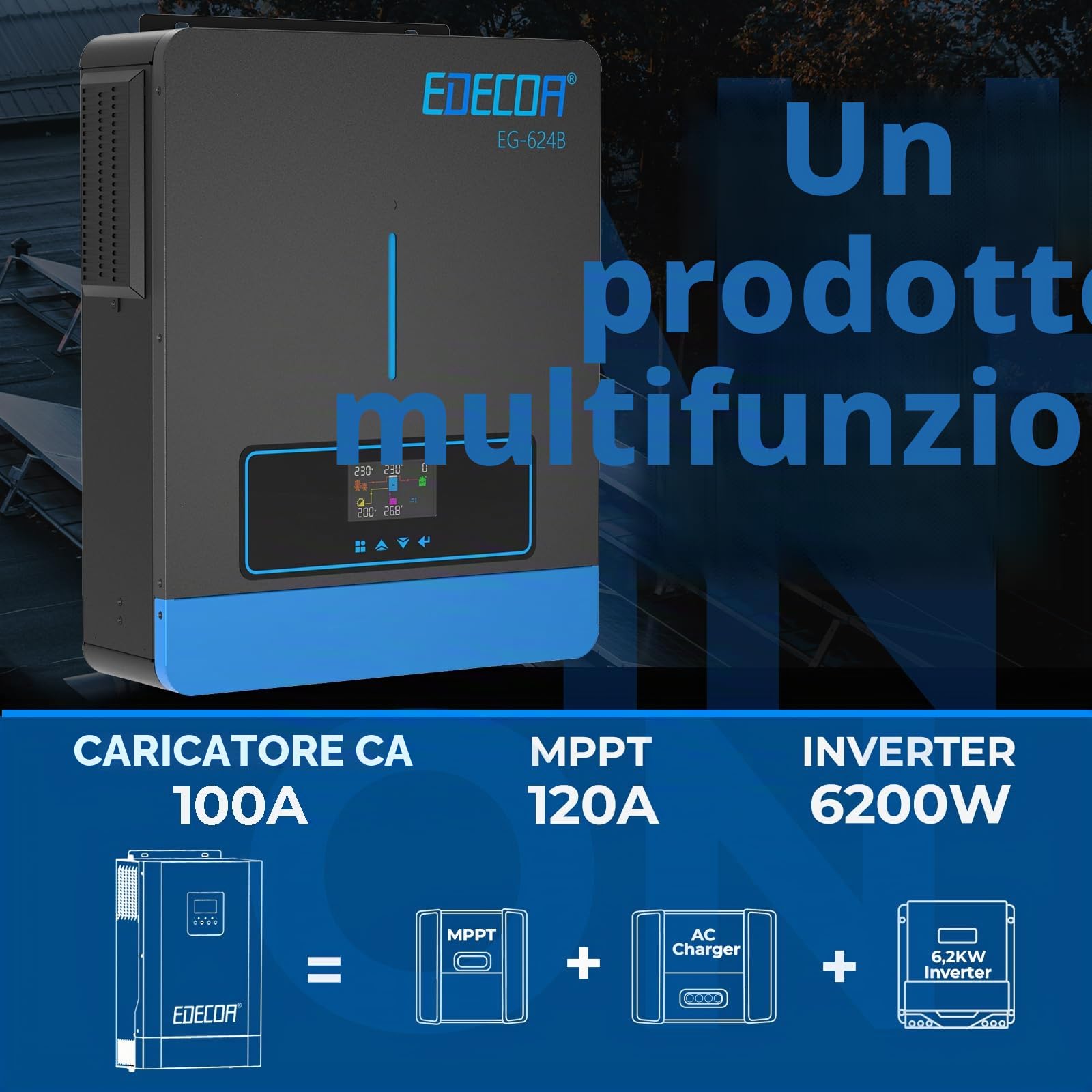 EDECOA Inverter ibrido 6200 W 48 V 230 V caricatore solare MPPT 120 A Pur Sinus 60-500 Vdc Off-Grid BMS Comunicazione Caricabatterie Priorità di rete Regolatore di carica solare (compatibile con WiFi)