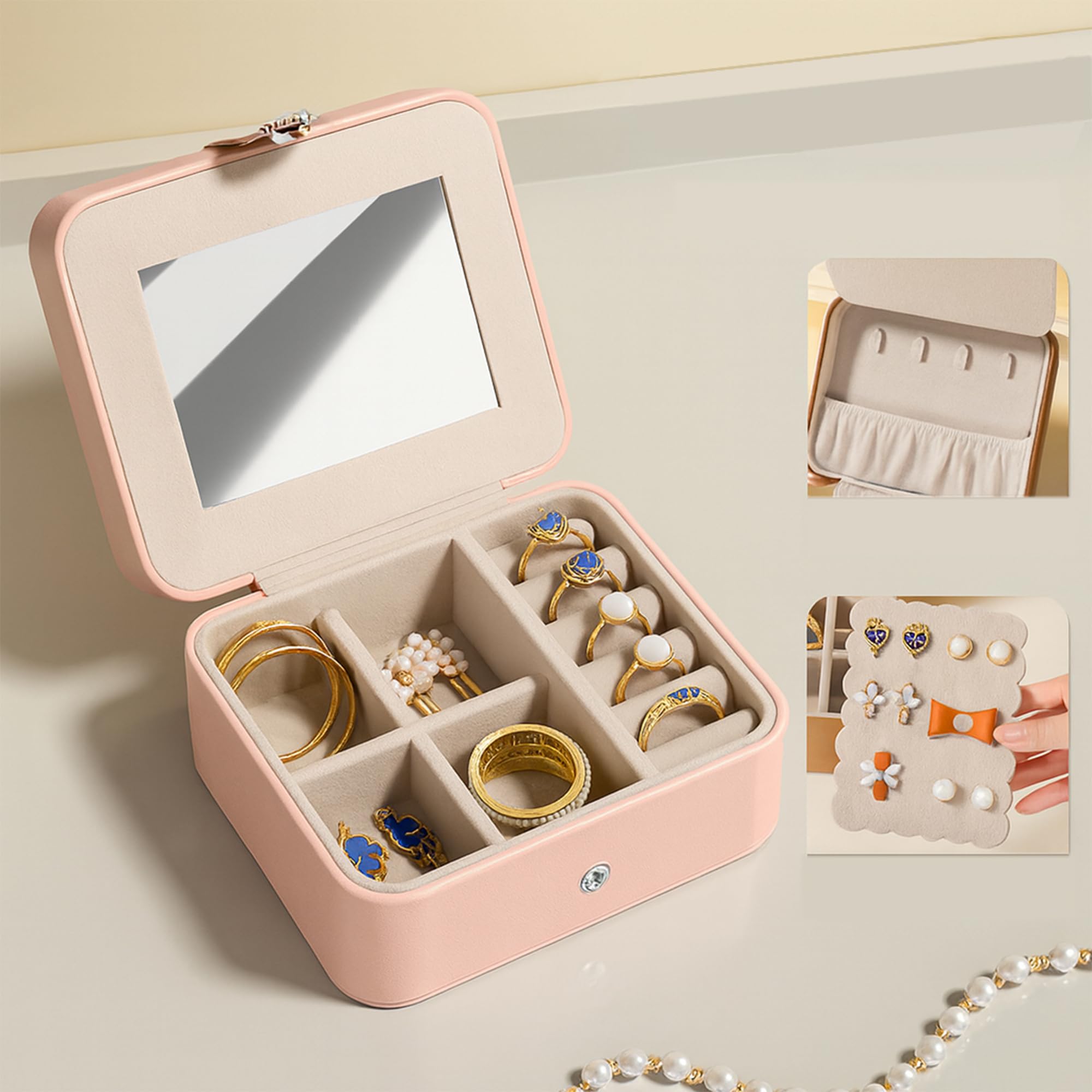 Small Jewelry Travel Case Mirror Necklace Ring Earring Storage Leather Jewelry Gift Box Travel Holder Pouch Teen Portable