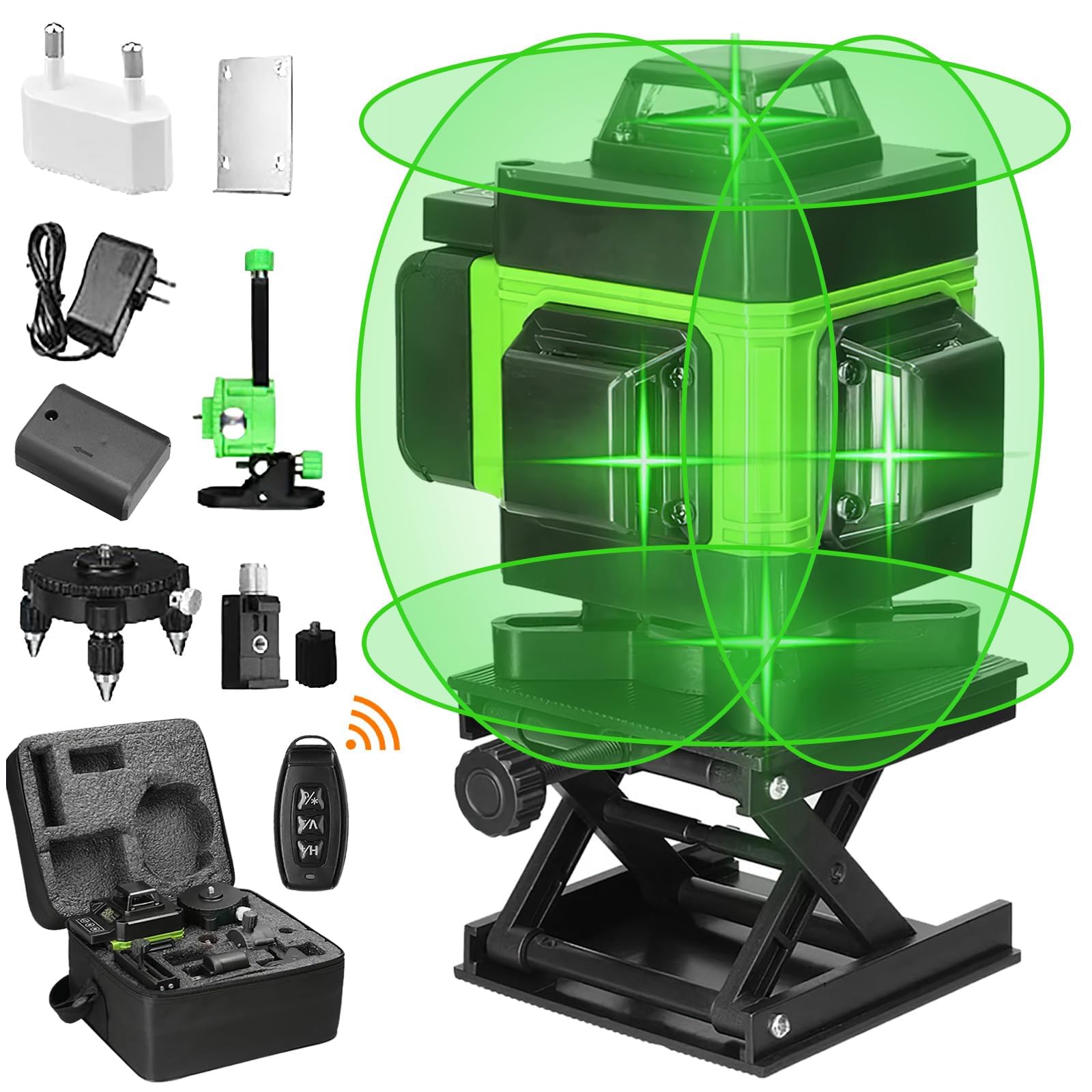 Laser en croix - 4 x 360 ° - Vert - Niveau laser auto-nivelant - Niveau laser 16 lignes avec trépied - Batterie rechargeable - 2 batteries de 2600 mAh - Laser de construction