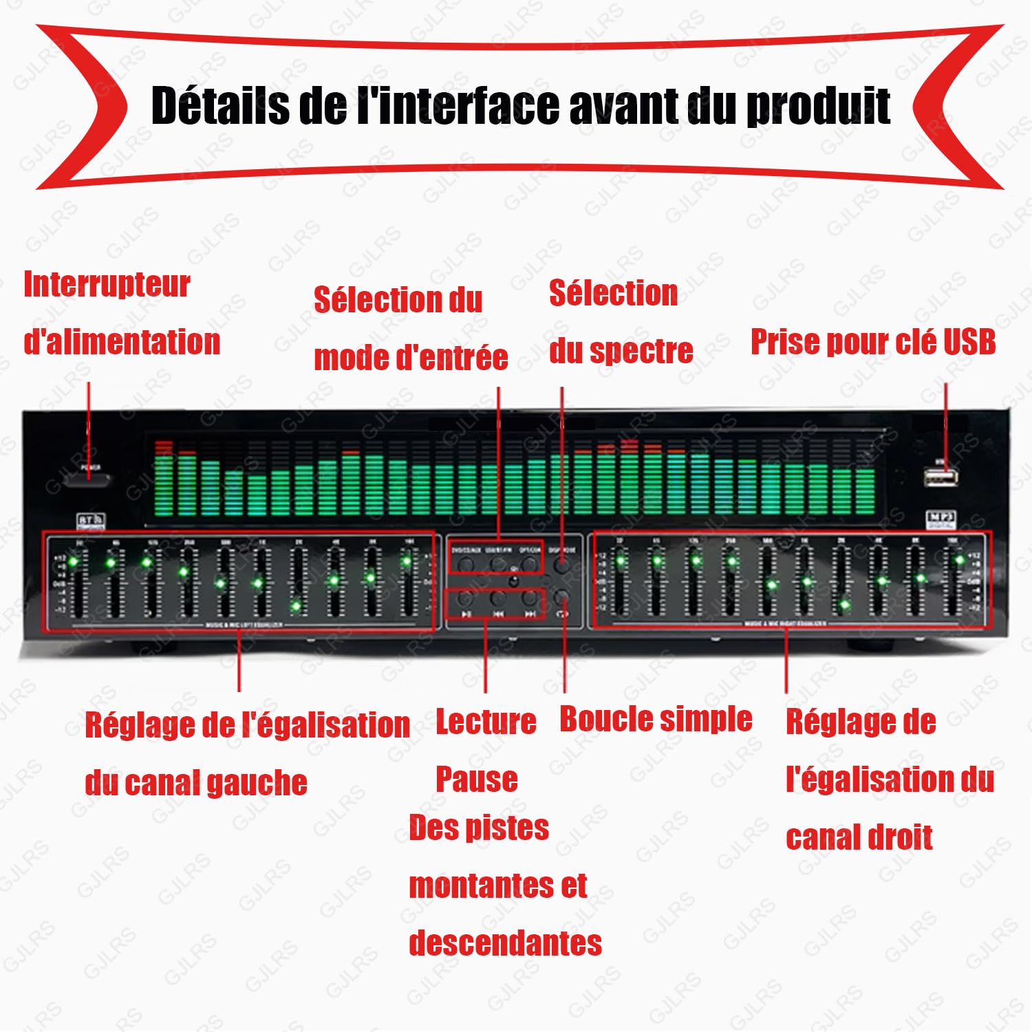 Égaliseur Graphique Stéréo 31 Bandes, Contrôleur D'effet Équilibré, Qualité Sonore Haute Définition, Rapport Signal/bruit > 95 DB, Signal D'affichage À 30 Lumières, Prend En Charge 12 Modes De Saut