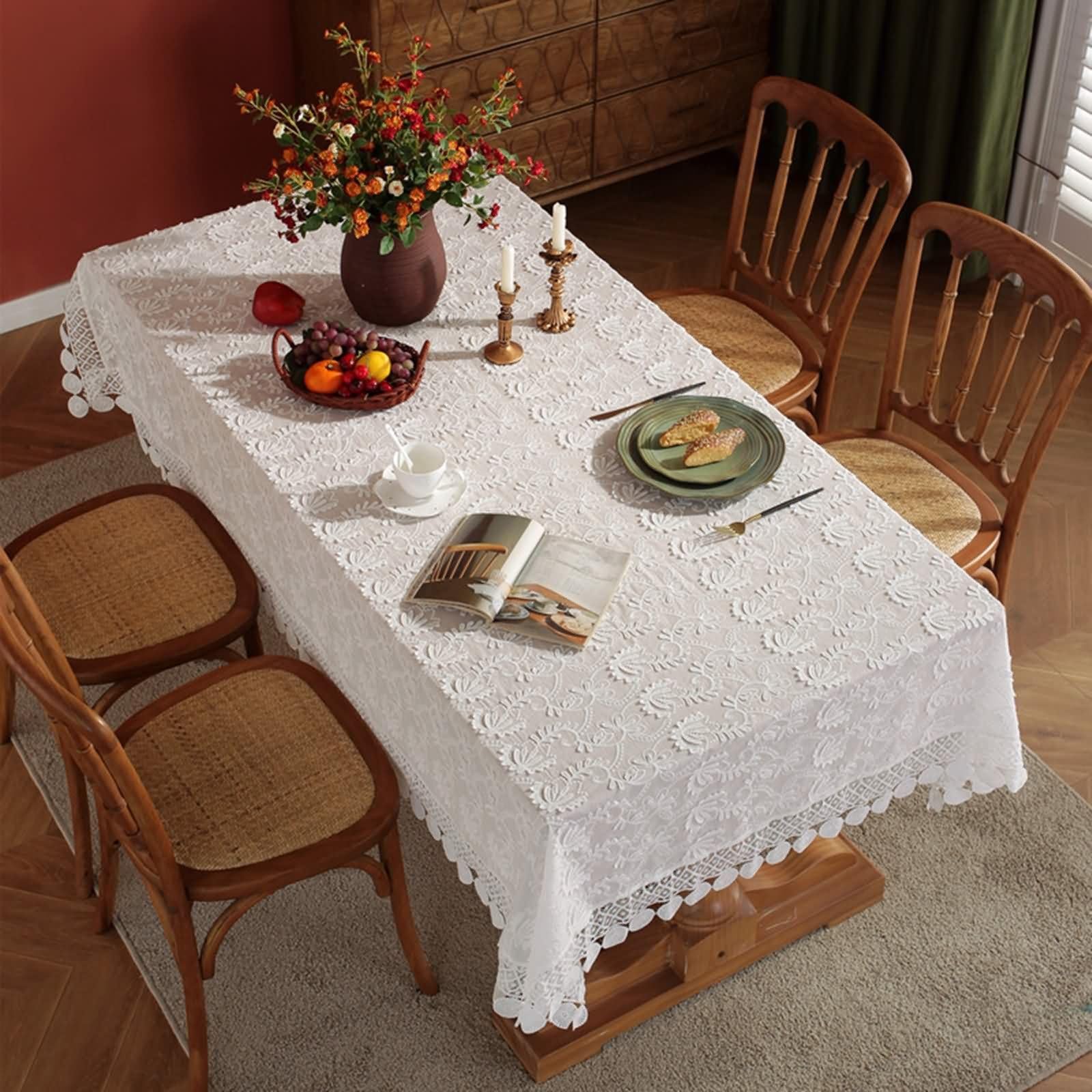 Mantel Mesa Exterior Rectangular Blanco, Bordado de Flores con Encaje, de Algodón Lavable, 150 x 180 cm, Mantel para Comedor y Cocina