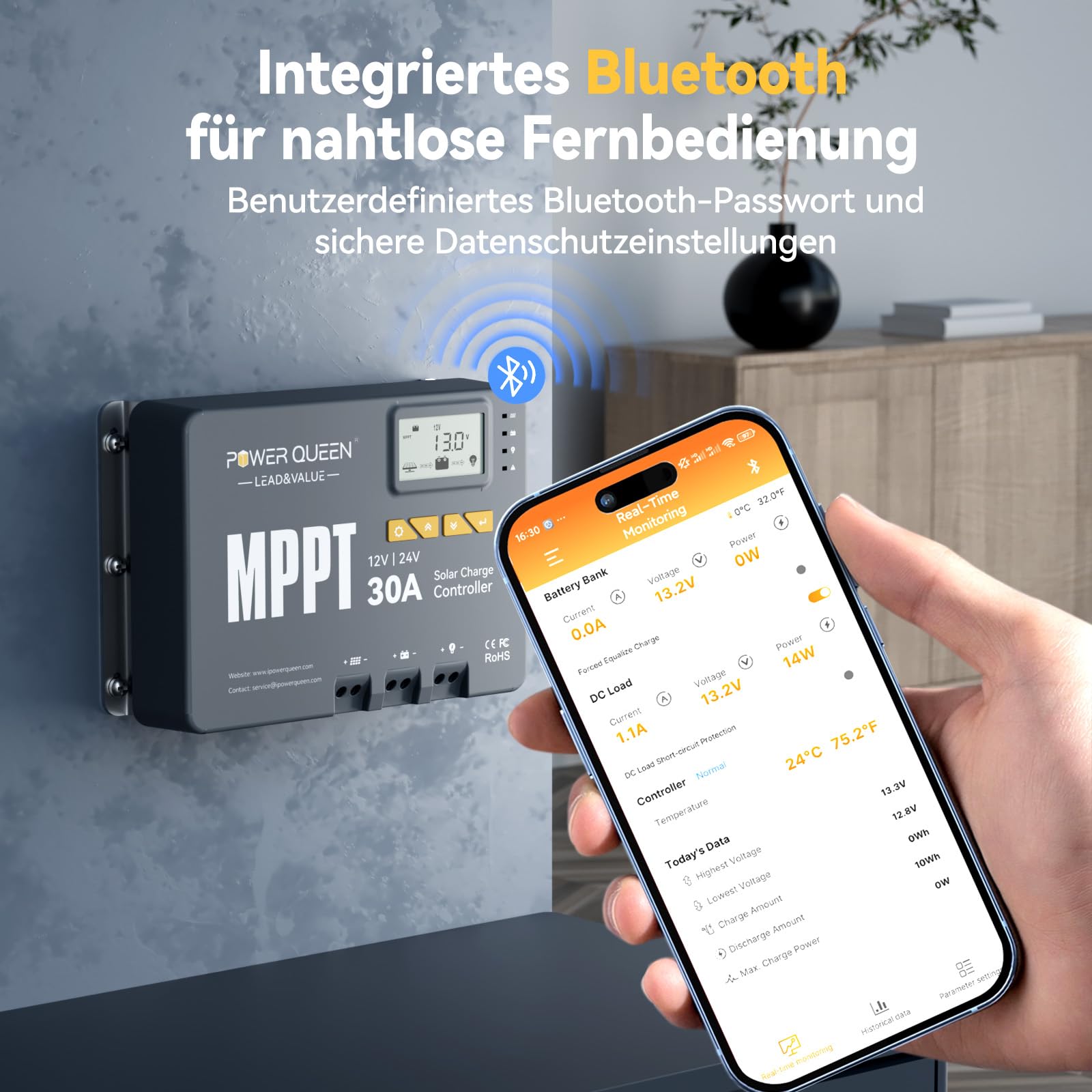 Power Queen 12/24V 30A MPPT Solarladeregler, Max 900W Eingangsleistung, eingebautes Bluetooth Modul, LCD Display, Standard für LiFePO4 Batterie und kompatibel mit versiegelten, Blei-Säure Batterien