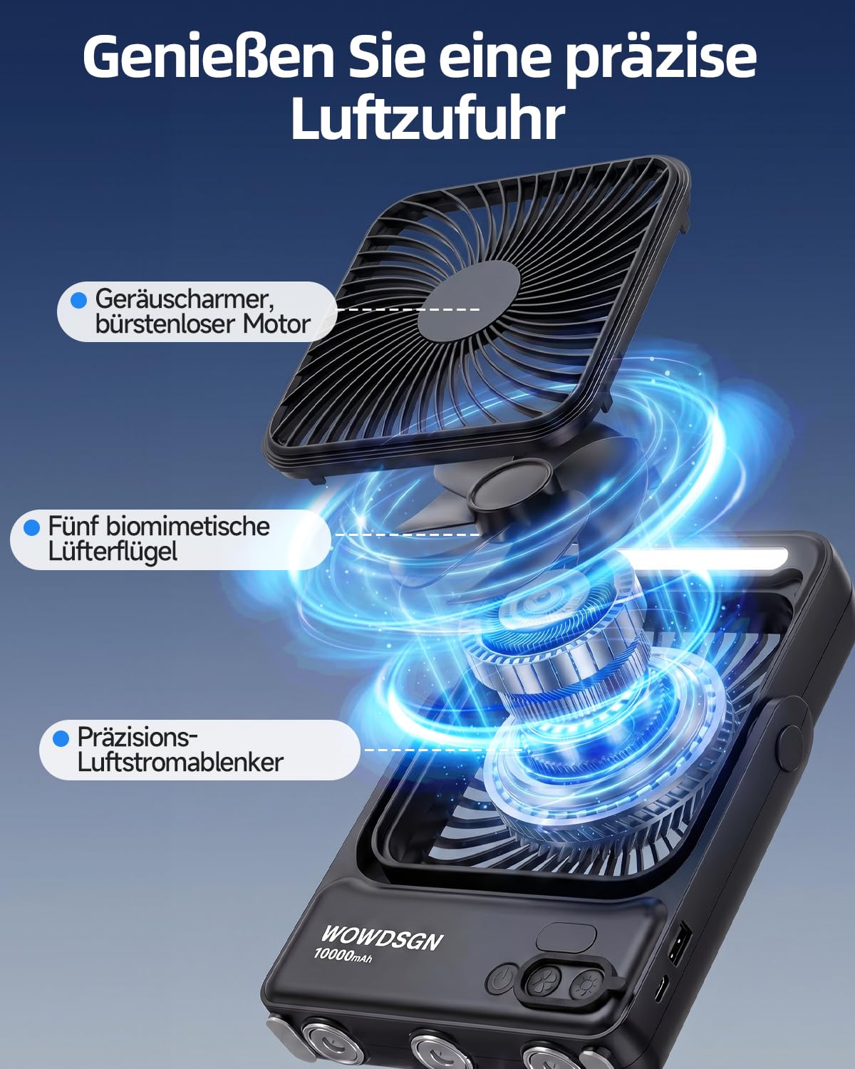 WOWDSGN Ventilator Akku 10000mAh mit Starkem 𝐌𝐚𝐠𝐧𝐞𝐭𝐟𝐮ß, Tischventilator USB mit LED-Nachtlicht & Haken, Powerbank-Funktion, 8-Stunden Timer, für Camping, Wohnmobil, Schlafzimmer, Reisen