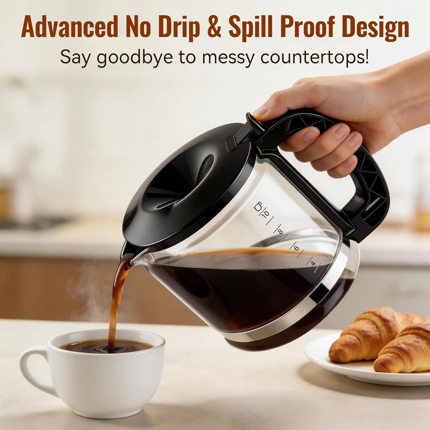 10 Cup Glass Coffee Pot Replacement Compatible with DeLonghi Espresso Machine, Upgraded Spill Proof Coffee Carafe Compatible with Models 3066, 3067, 3093, 3094, 3111, 3112, KF140, KF863