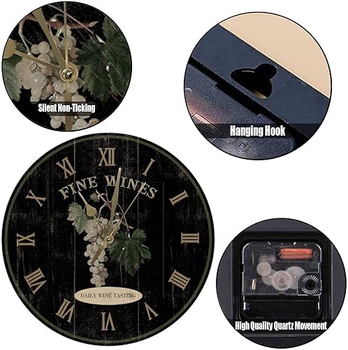 Miniatura 3 de Reloj redondo vintage para bodega de vinos negros, reloj de pared silencioso que no hace tictac, reloj de pared redondo de 15 pulgadas