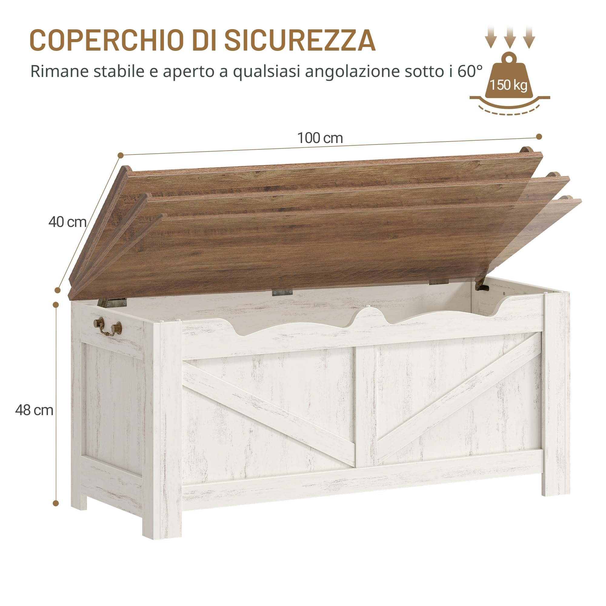 Hzuaneri Cassapanca 100 cm, Panca Contenitore da Interno, Panca Portaoggetti, Pouf Contenitore Rettangolare, 40 x 100 x 48 cm, per Corridoio, Camera da Letto, Soggiorno, Bianco Marrone SB04514B