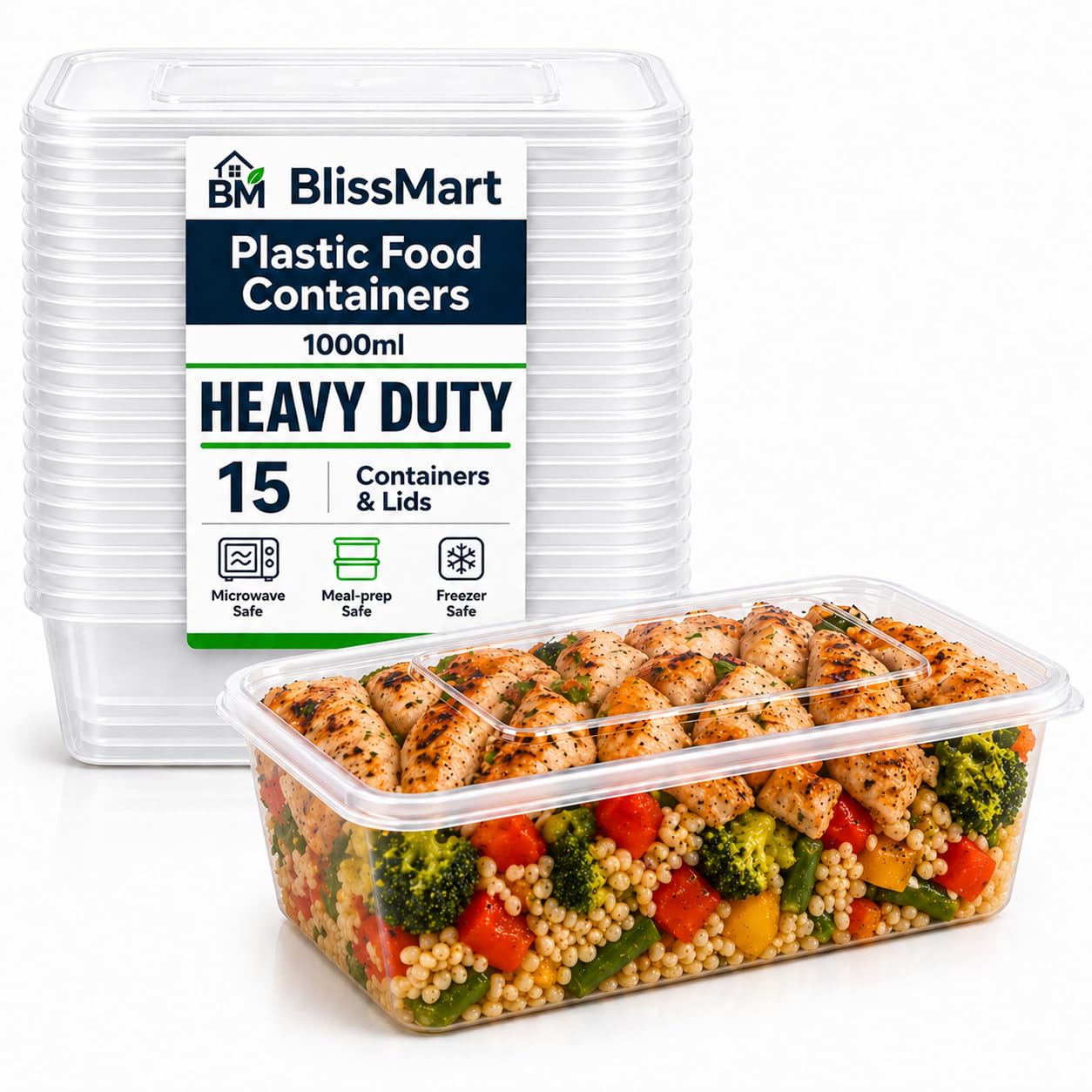 BLISSMART 1000ml Plastic Food Containers with Lids 15pk Leakproof Snap Lids Meal Prep Lunch Box Takeaway Clear BPA Free Microwave Freezer Dishwasher Safe Stackable Containers (1000cc)