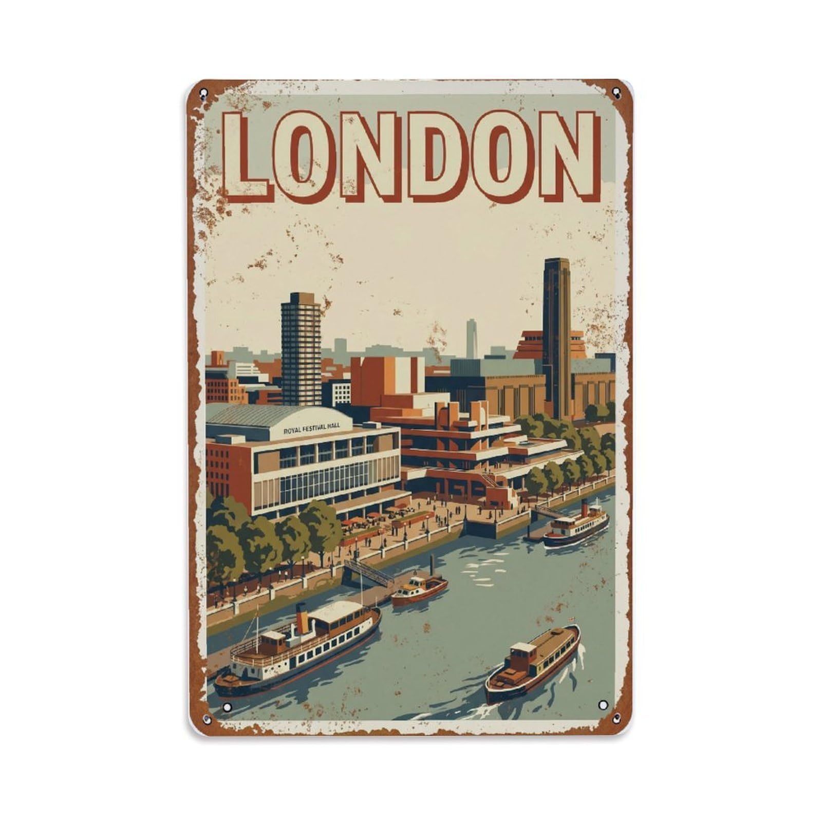 Vintage Travel London Southbank Cultural District Rusted England Metal Tin Sign Plaque Wall Decor for Cafe, Club Bar, Office, Home Garden Metal Poster 8x12Inch